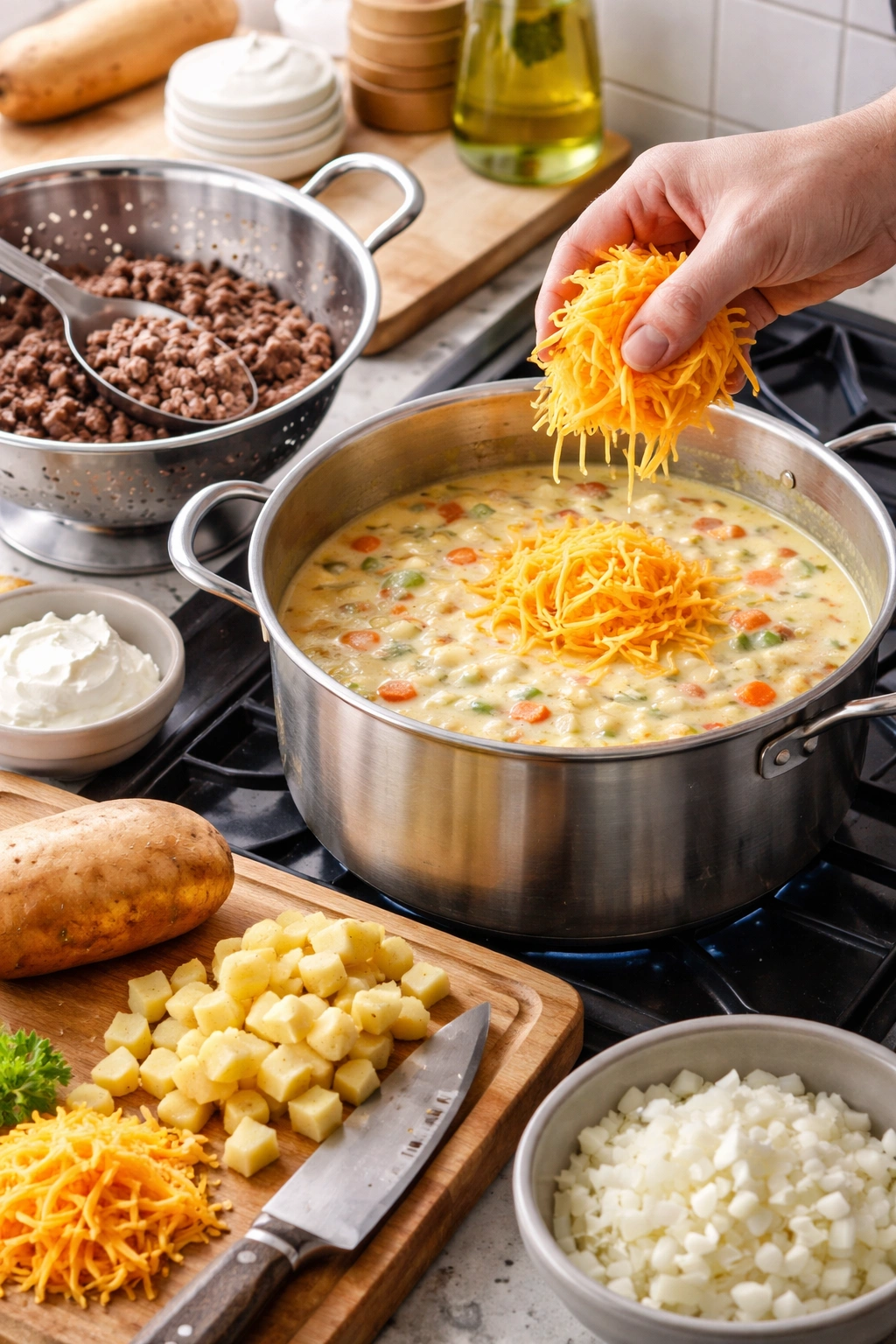 Close-up of common cheeseburger soup mistakes: cheese added to boiling liquid, greasy beef draining, and potatoes not yet perfect.