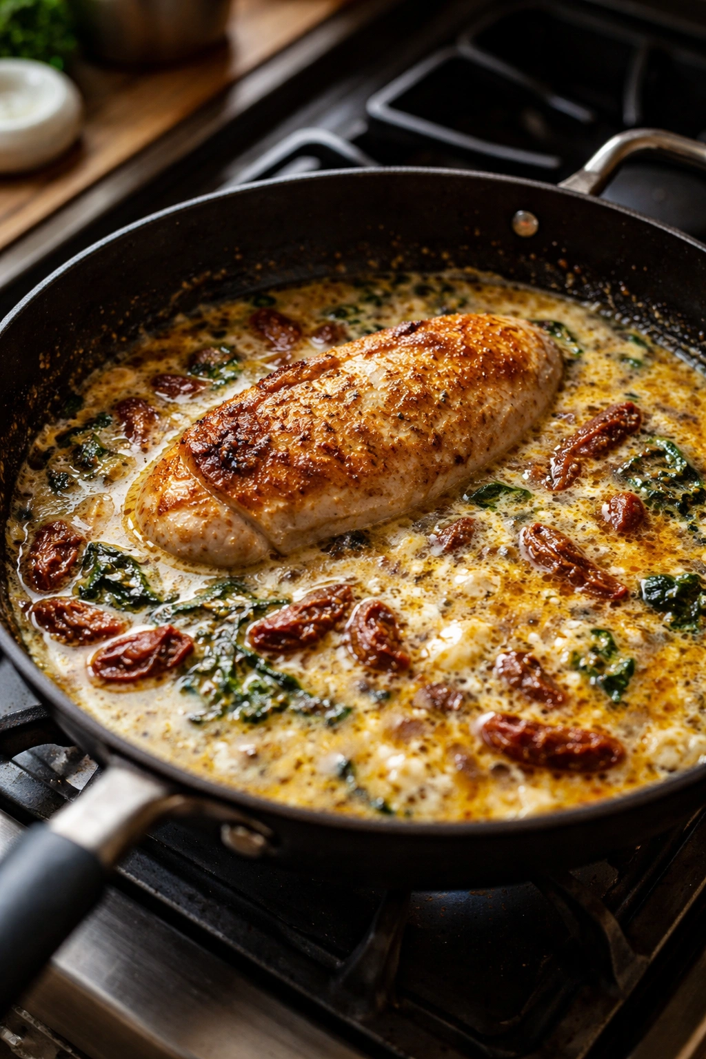 Dry chicken with broken cream sauce in skillet illustrating common mistakes