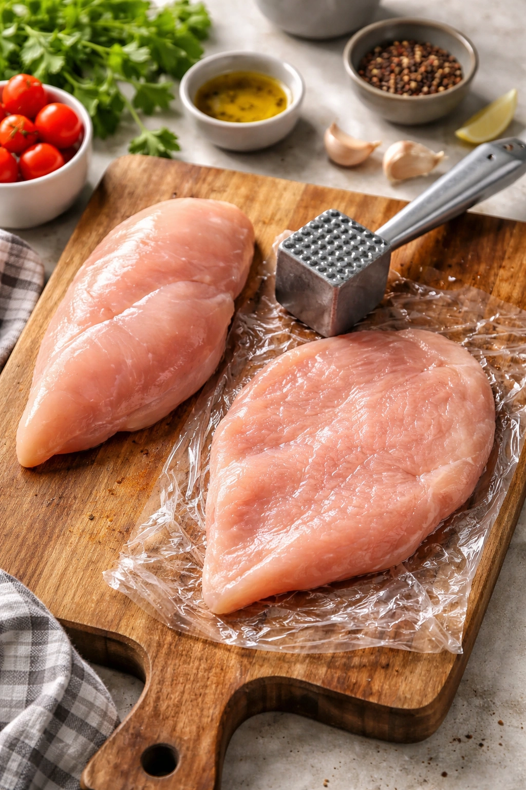 Thick vs flattened chicken pieces on a cutting board to show improper prep.
