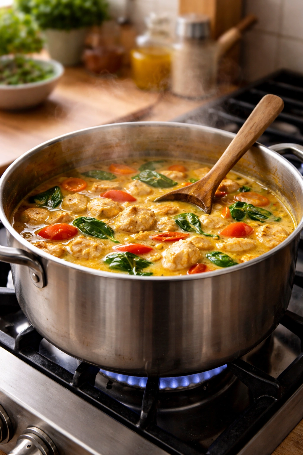 Curry simmering on the stove with steam rising