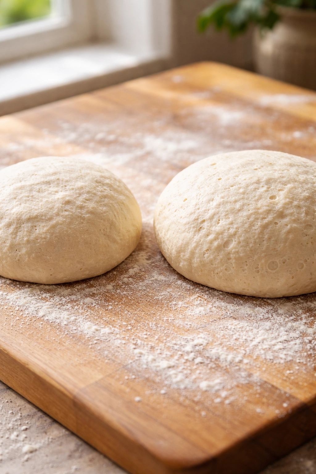 Two dough balls showing underproofed vs properly proofed dough on a floured board