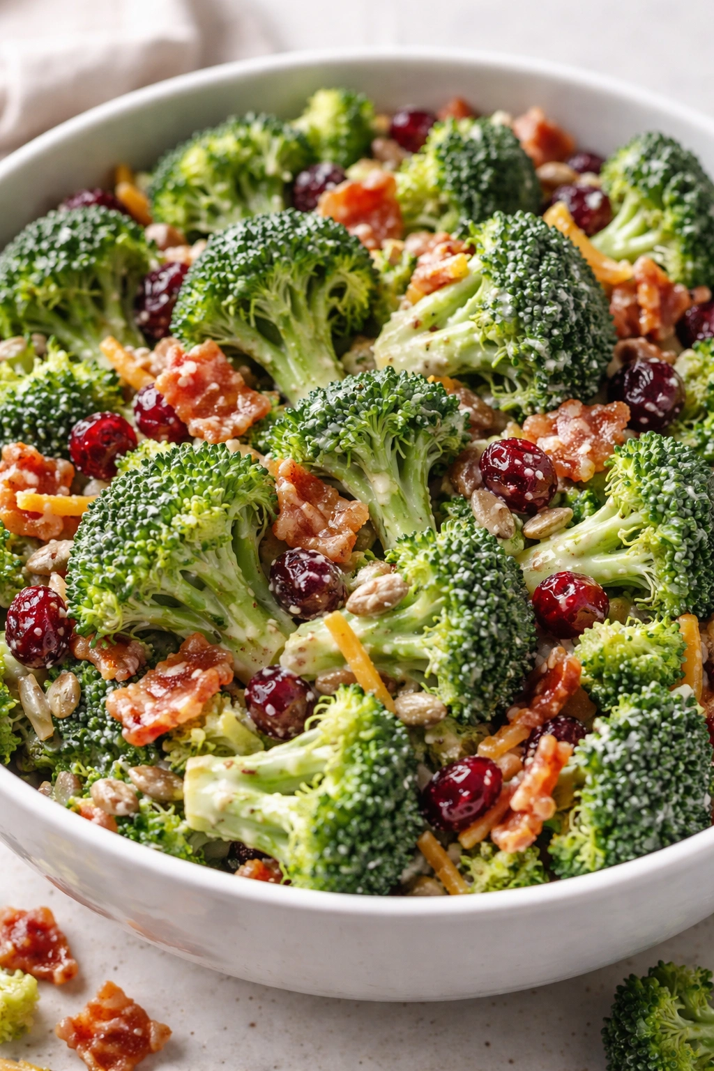 Close-up of broccoli salad with glossy dressing coating the florets