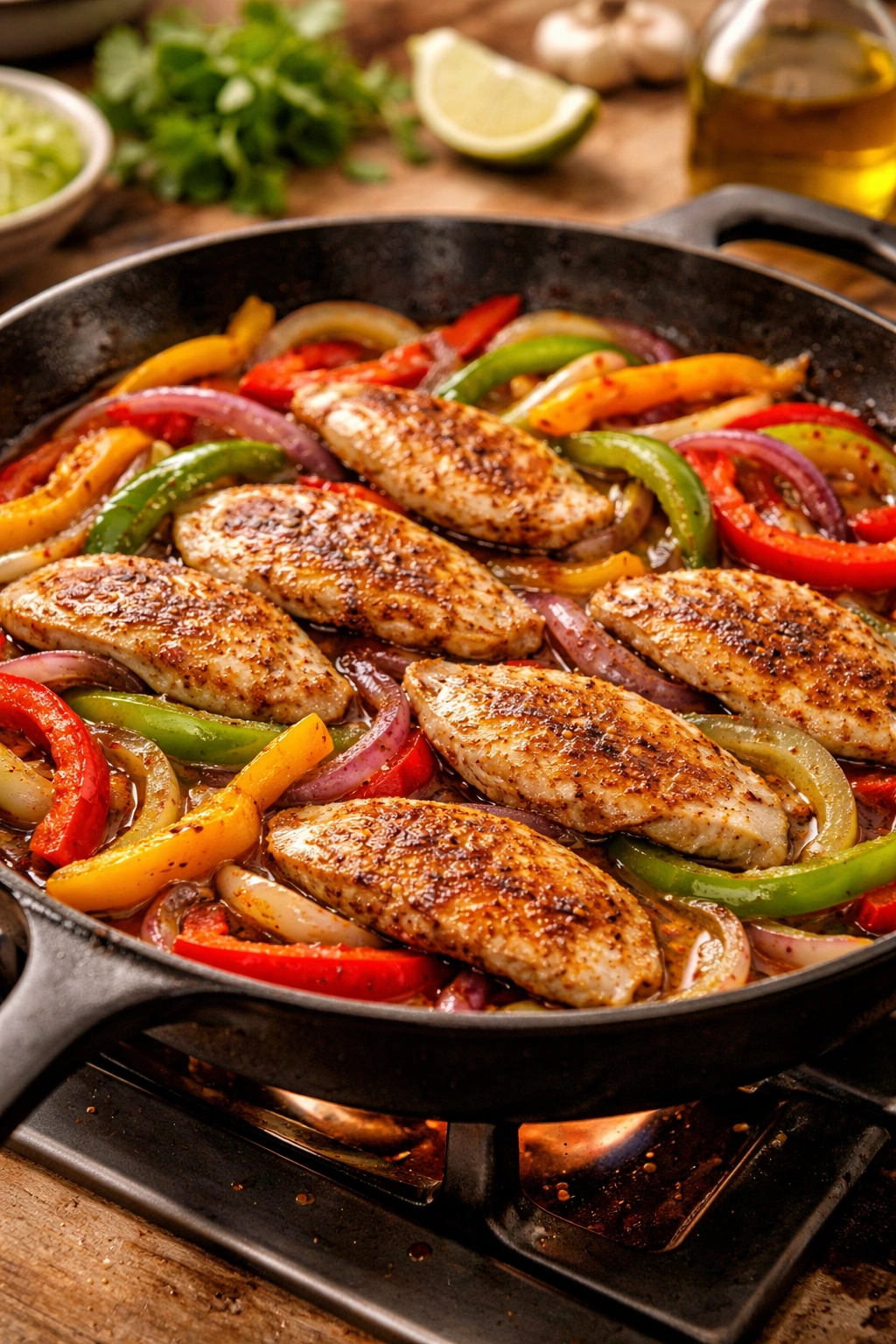 Close-up of thin chicken cutlets searing in a hot skillet with peppers for fajitas