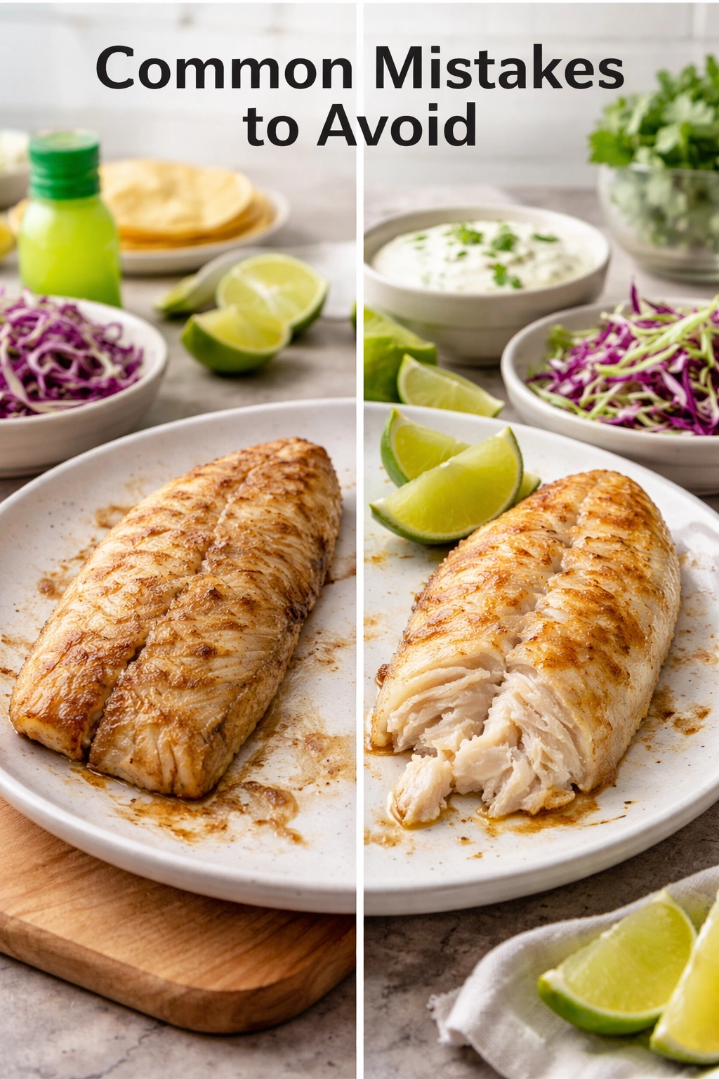 Comparison of overcooked vs perfectly cooked fish fillet to illustrate common mistakes
