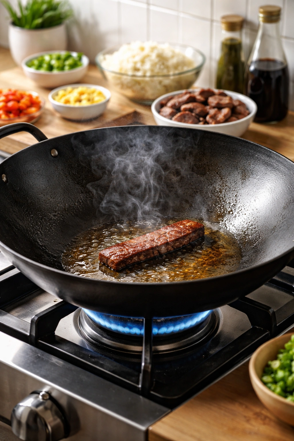 Beef browning in a hot wok with steam rising