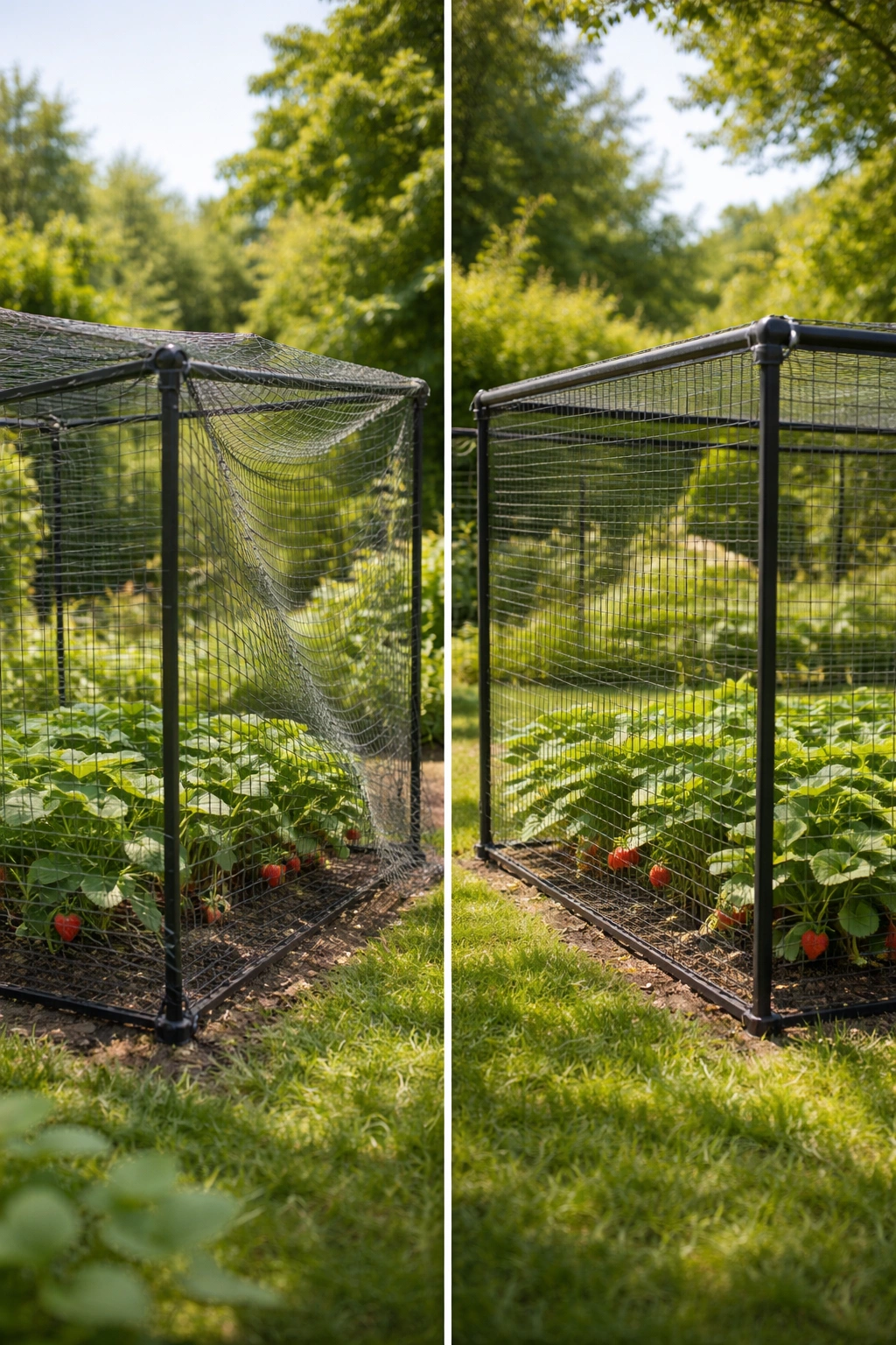 Side-by-side view showing loose versus tight fruit cage netting