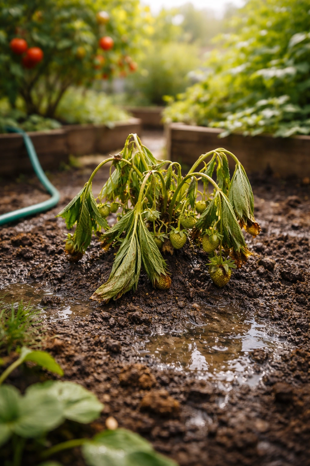 Wilted plant illustrating common watering mistakes in a fruit garden