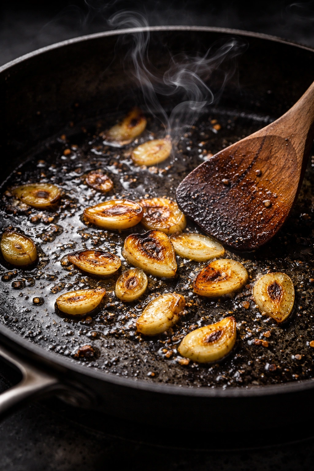 Pan with burnt garlic slices and smoke illustrating common mistakes