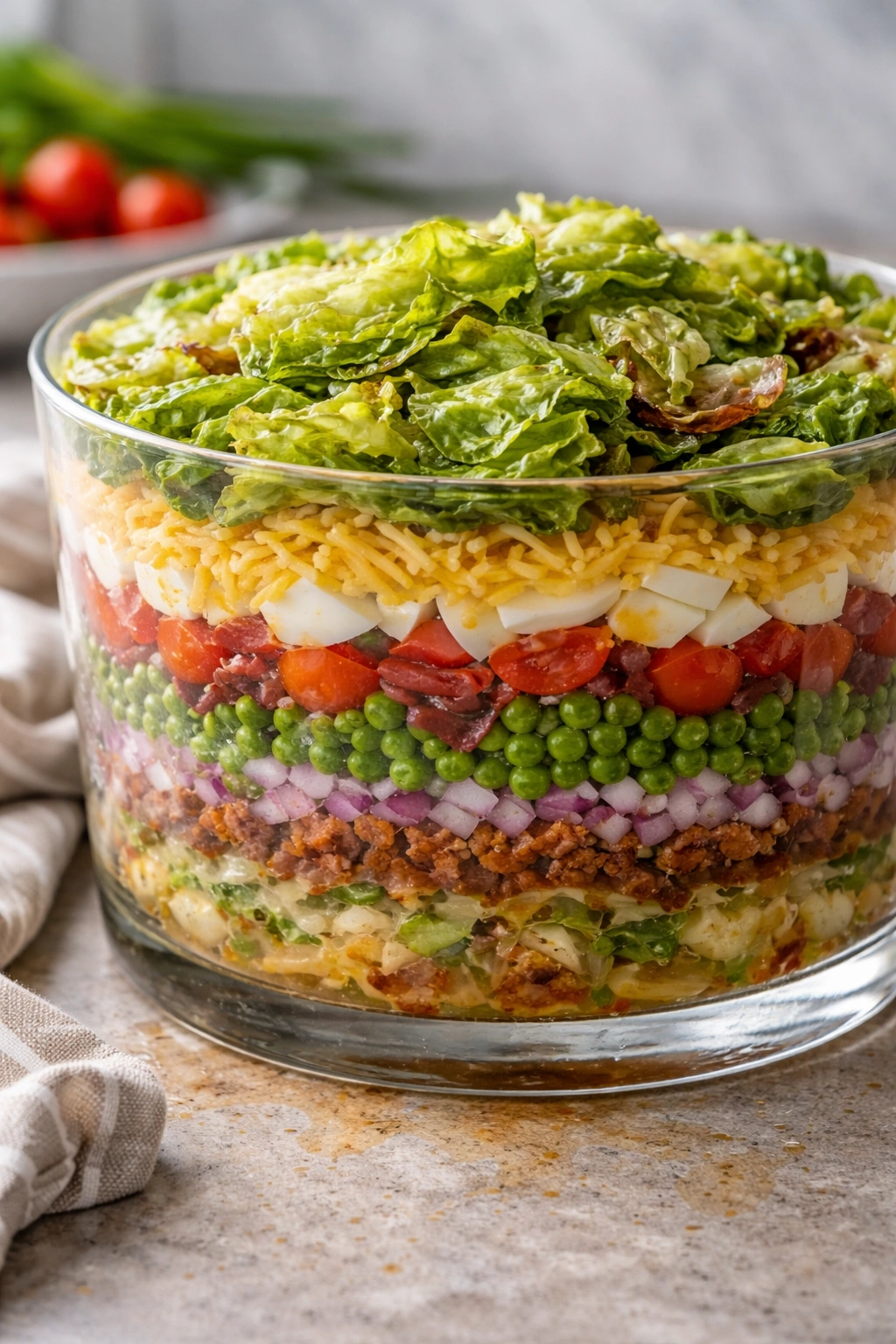 Layered salad illustrating soggy bottom and watery layers due to common mistakes