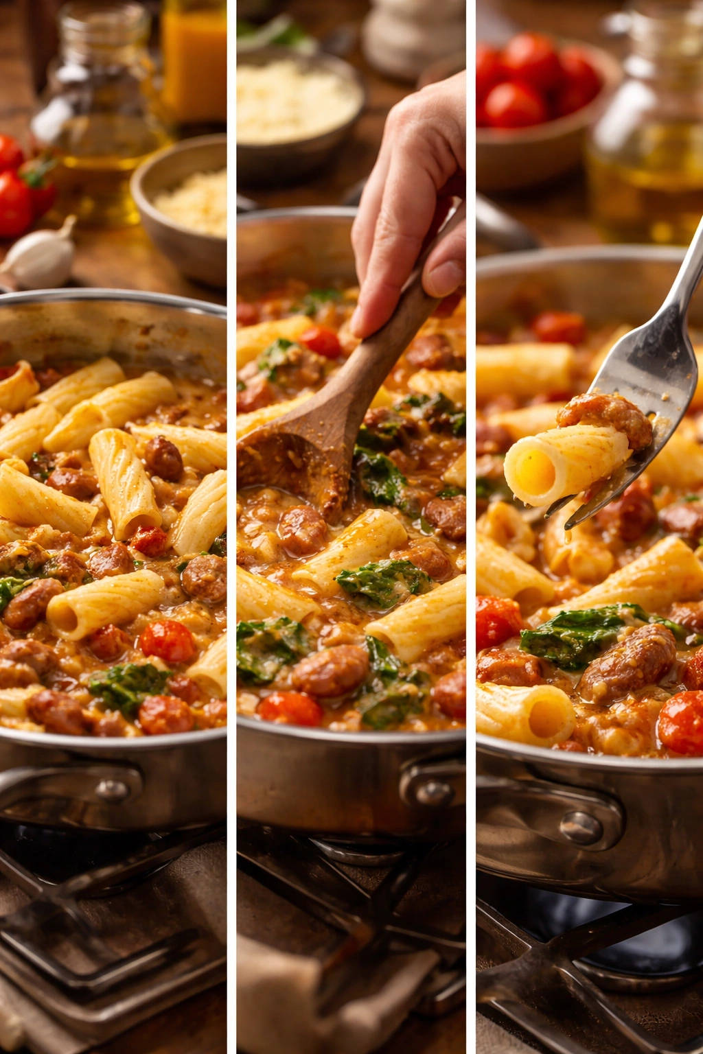 Triptych illustrating common pasta sauce mistakes and how to avoid them