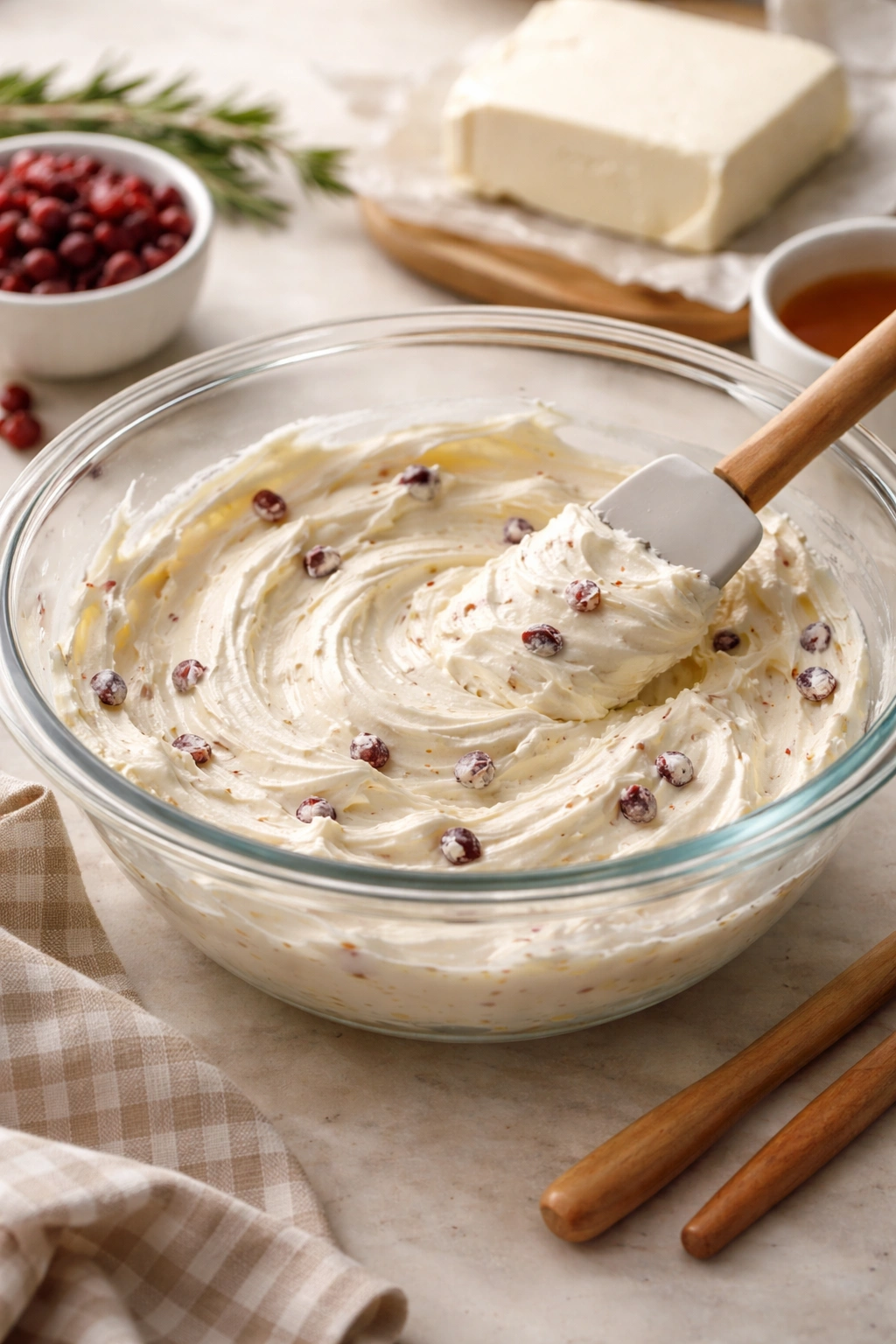Smooth cream cheese mixture in a bowl with wooden spoon