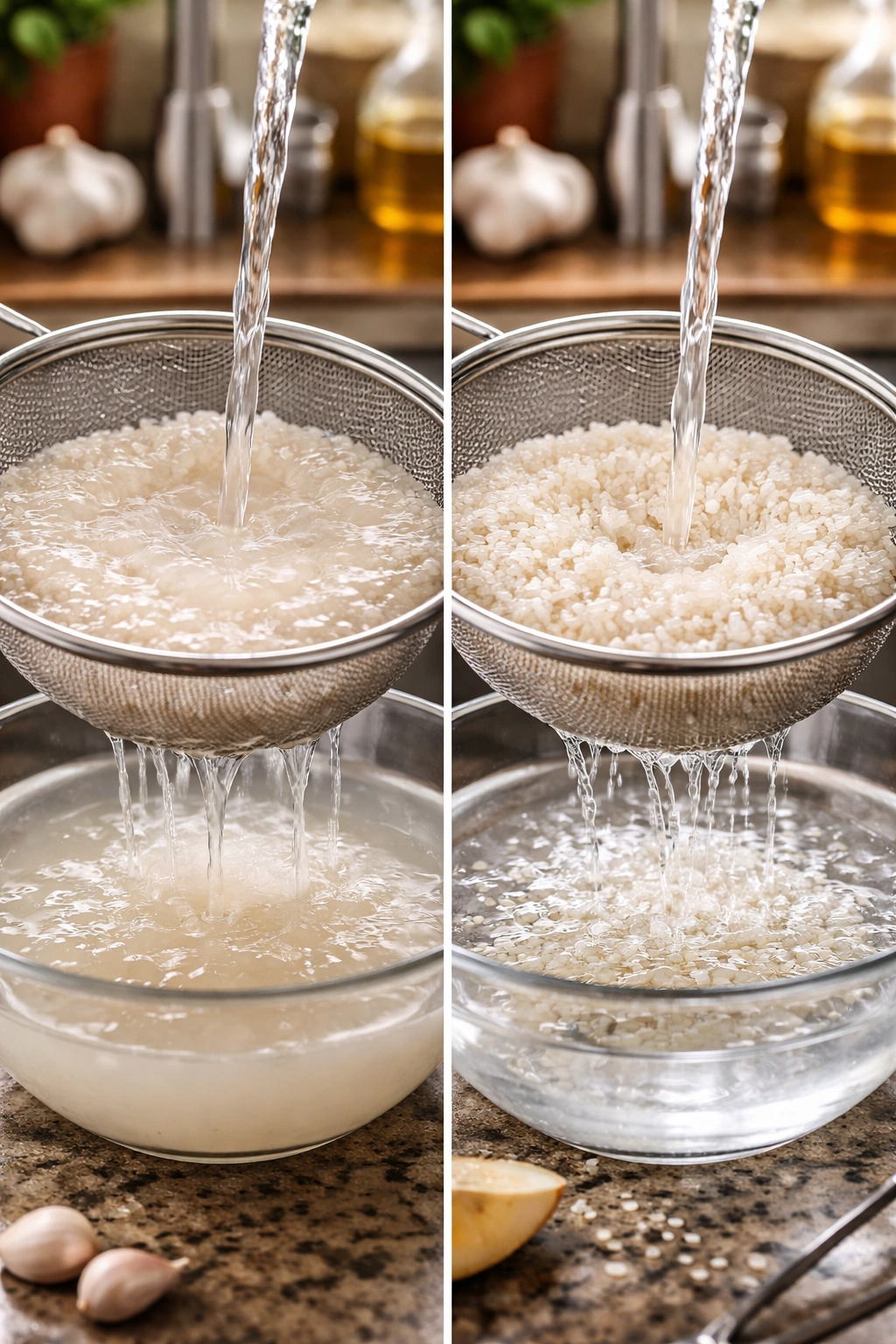 Split-frame contrast of mis-rinsed cloudy rice versus rinsed rice