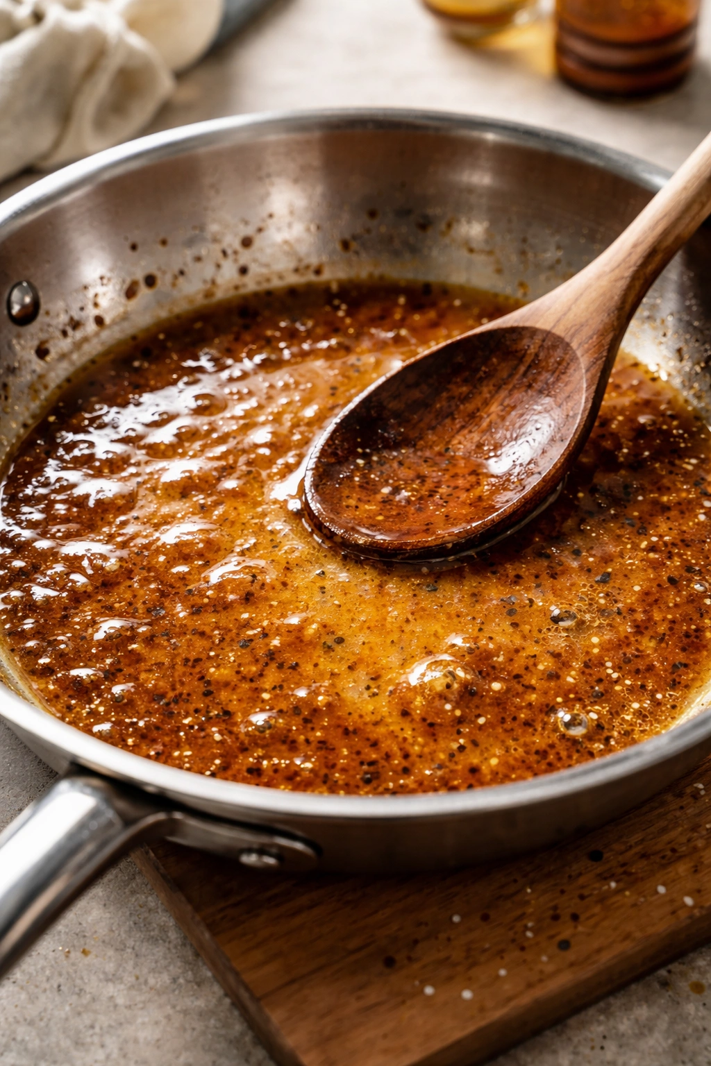 Close-up of a pan with sauce and deglazing motion for scallop sauces