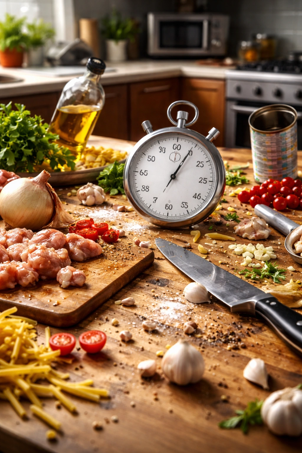 Conceptual kitchen scene with stopwatch illustrating time-wasting mistakes
