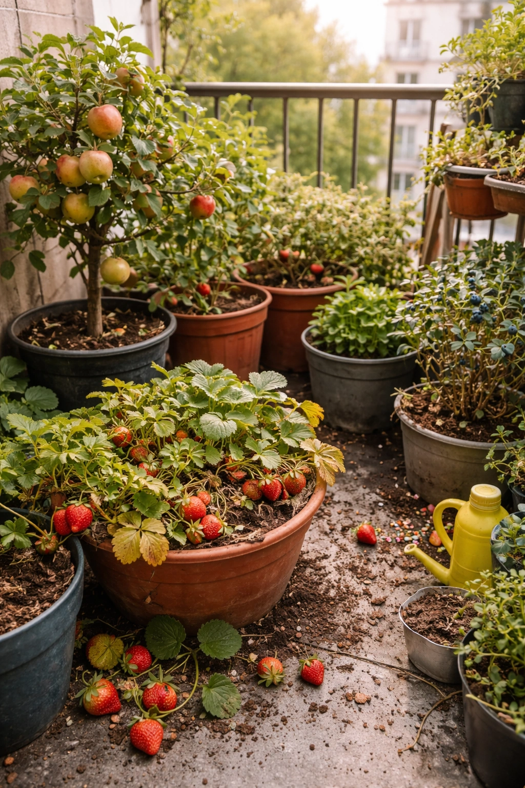 Overcrowded pots and stressed plants in a small balcony garden illustrating common mistakes