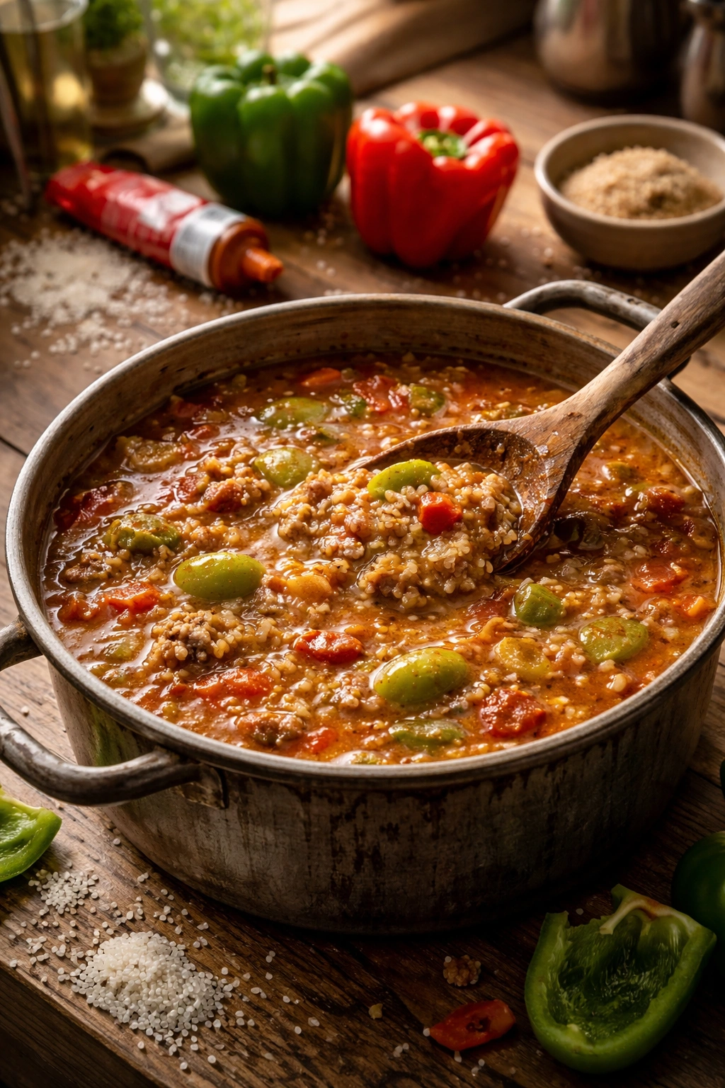 Close-up of thick mushy stuffed pepper soup in a rustic pot, signaling flavor missteps