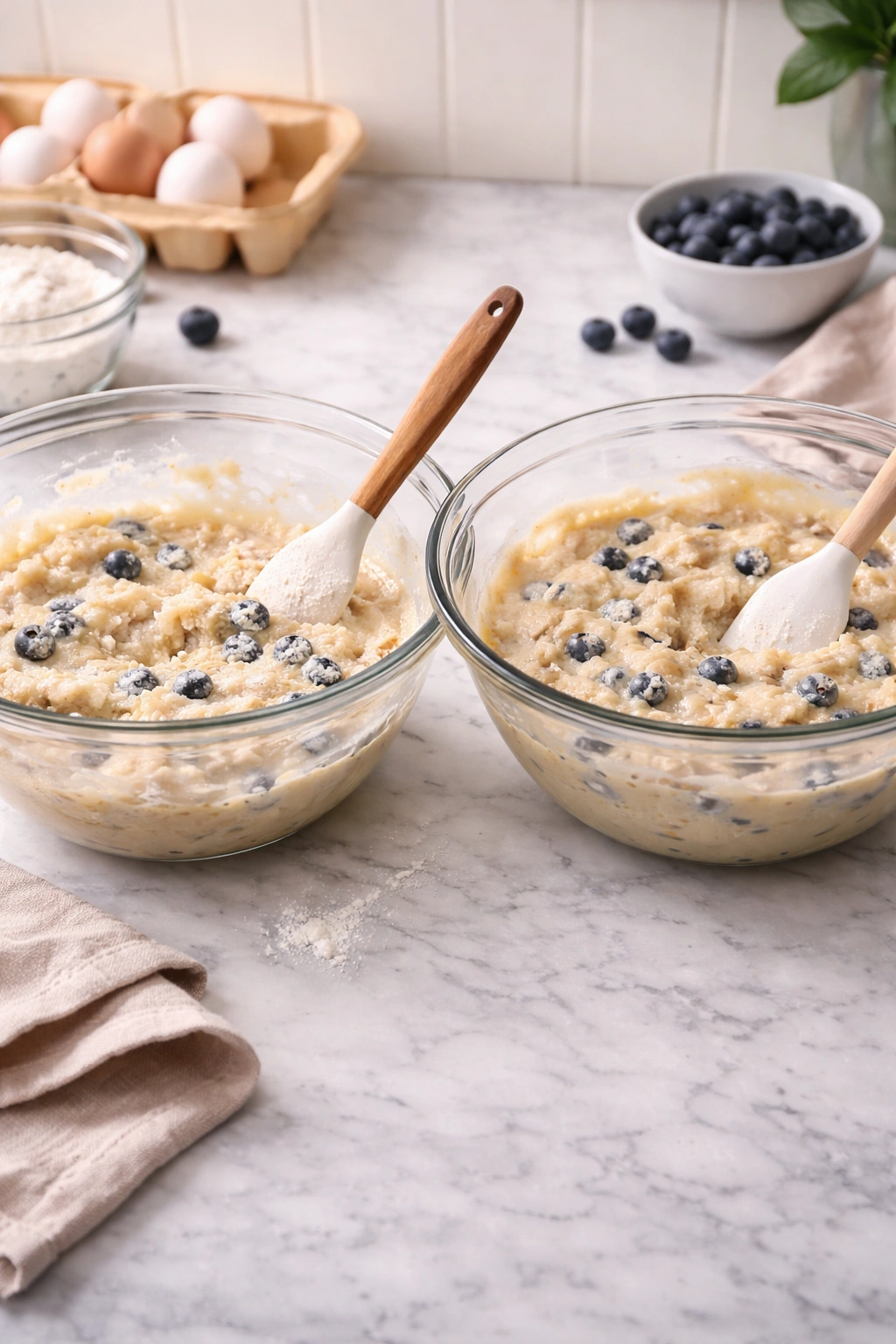 Two bowls showing under-mixed and properly mixed muffin batter to illustrate common mistakes