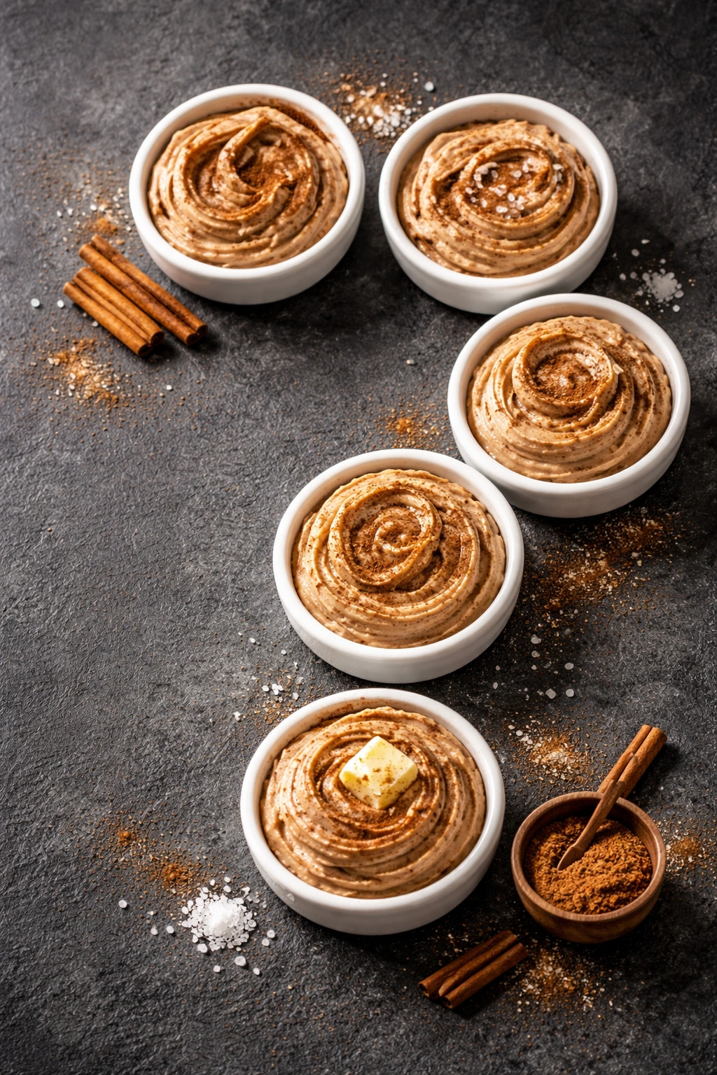 Five cinnamon butter bowls arranged in a question-mark shape