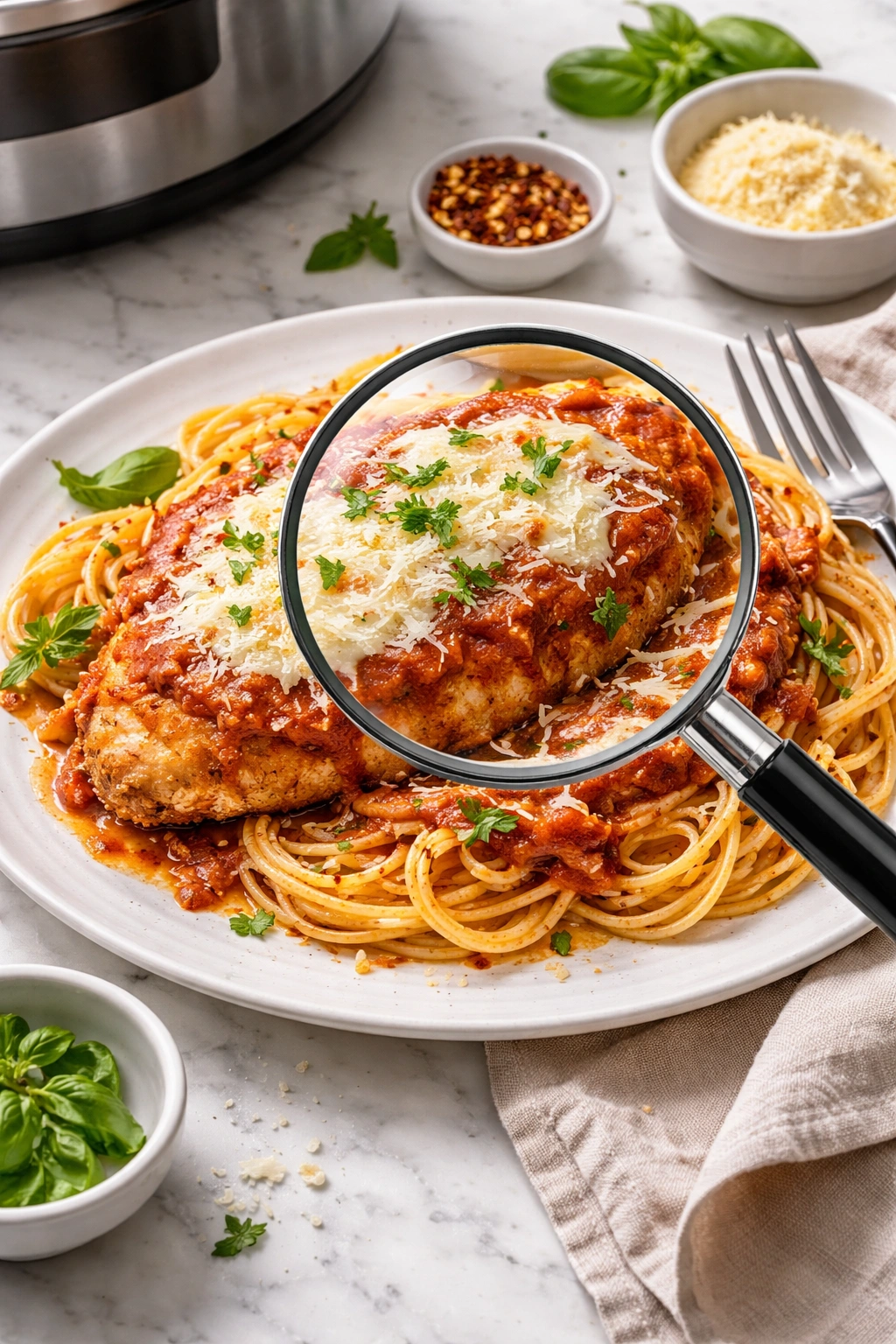 Chicken parmesan with a magnifying glass suggesting questions about the recipe