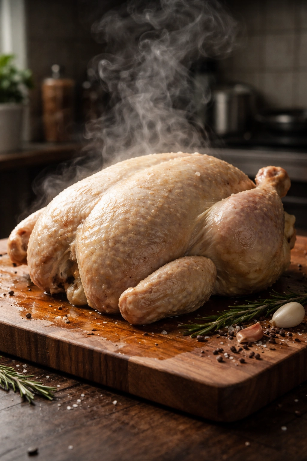 Roasted chicken with damp skin and steam to illustrate common roasting mistakes