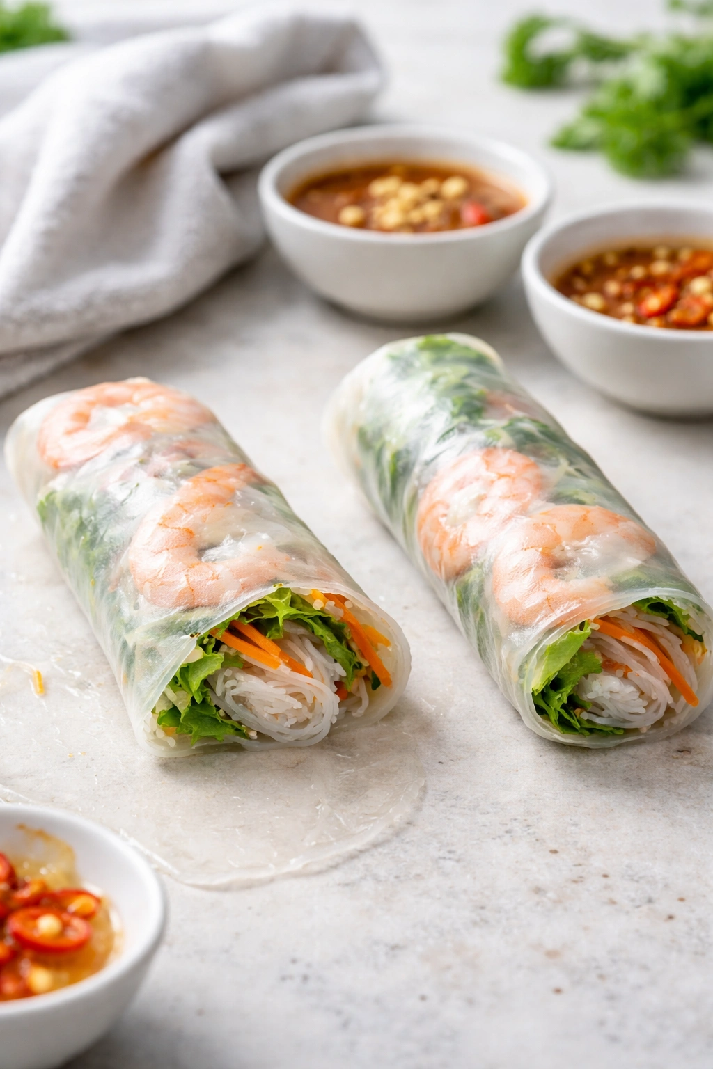 Two spring rolls showing a cracked wrapper and a proper wrap