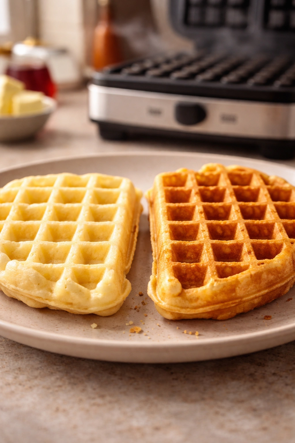 Two waffles showing undercooked and perfectly cooked textures