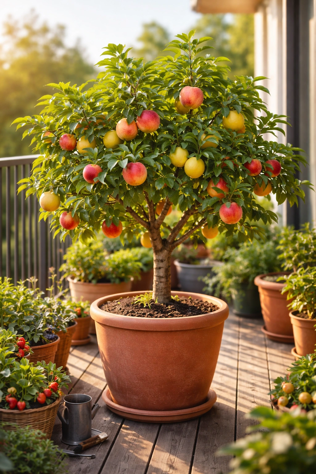 Compact fruit tree in a container with visible fruit