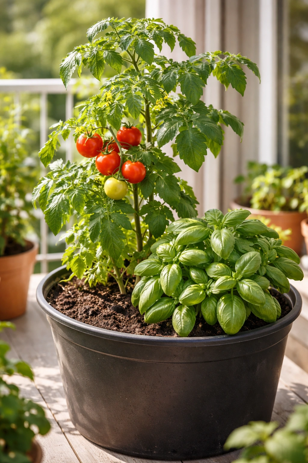 Tomato and basil together in a shared container illustrating companion planting