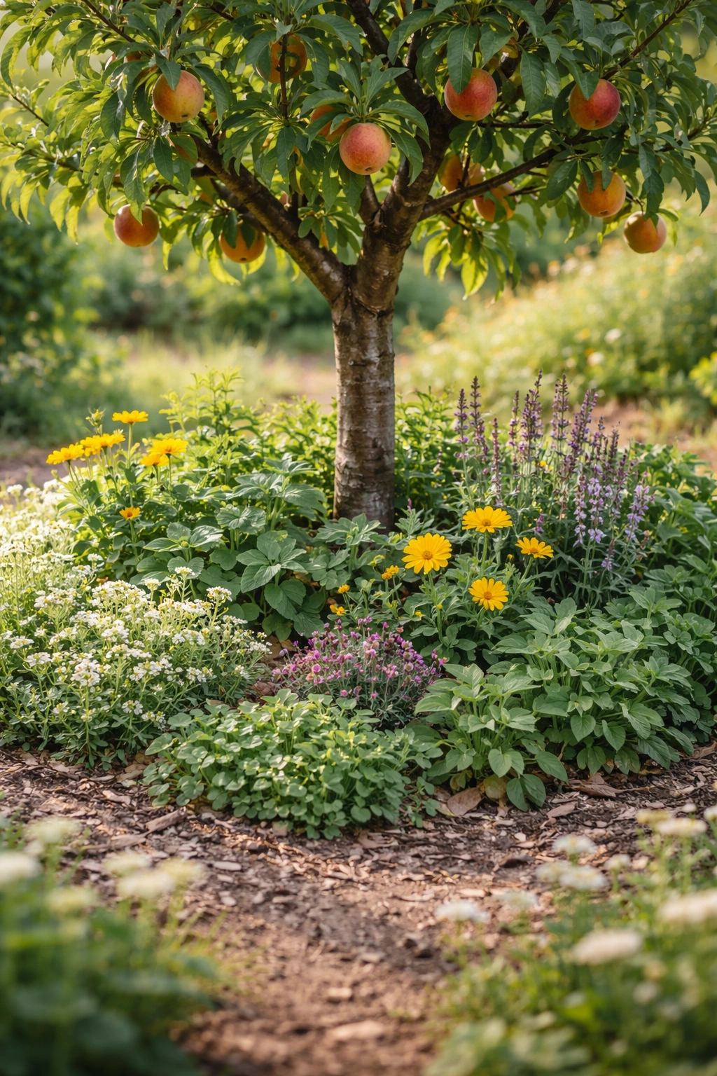 Fruit tree with ground cover under canopy and diverse companion plants around the base