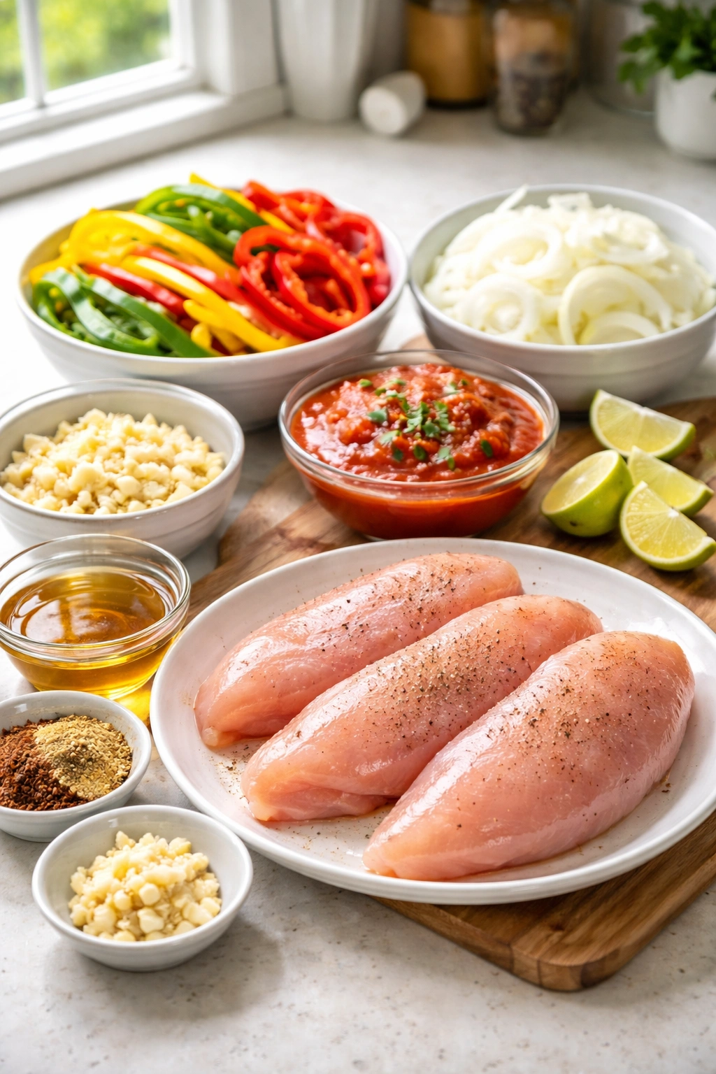 Chicken, peppers, onion, garlic, lime, salsa, and honey arranged on a counter