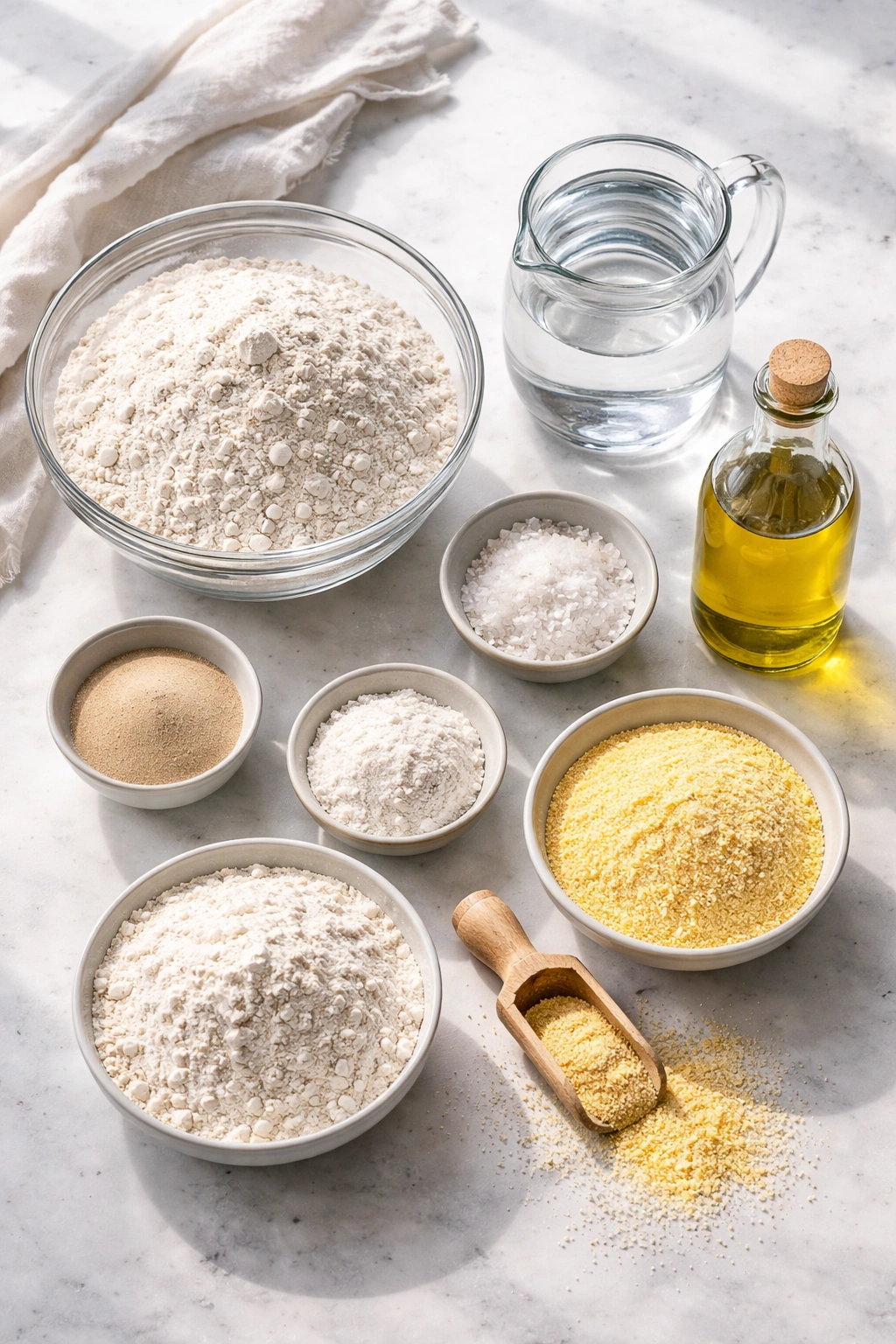 Lineup of dough ingredients neatly arranged on a board