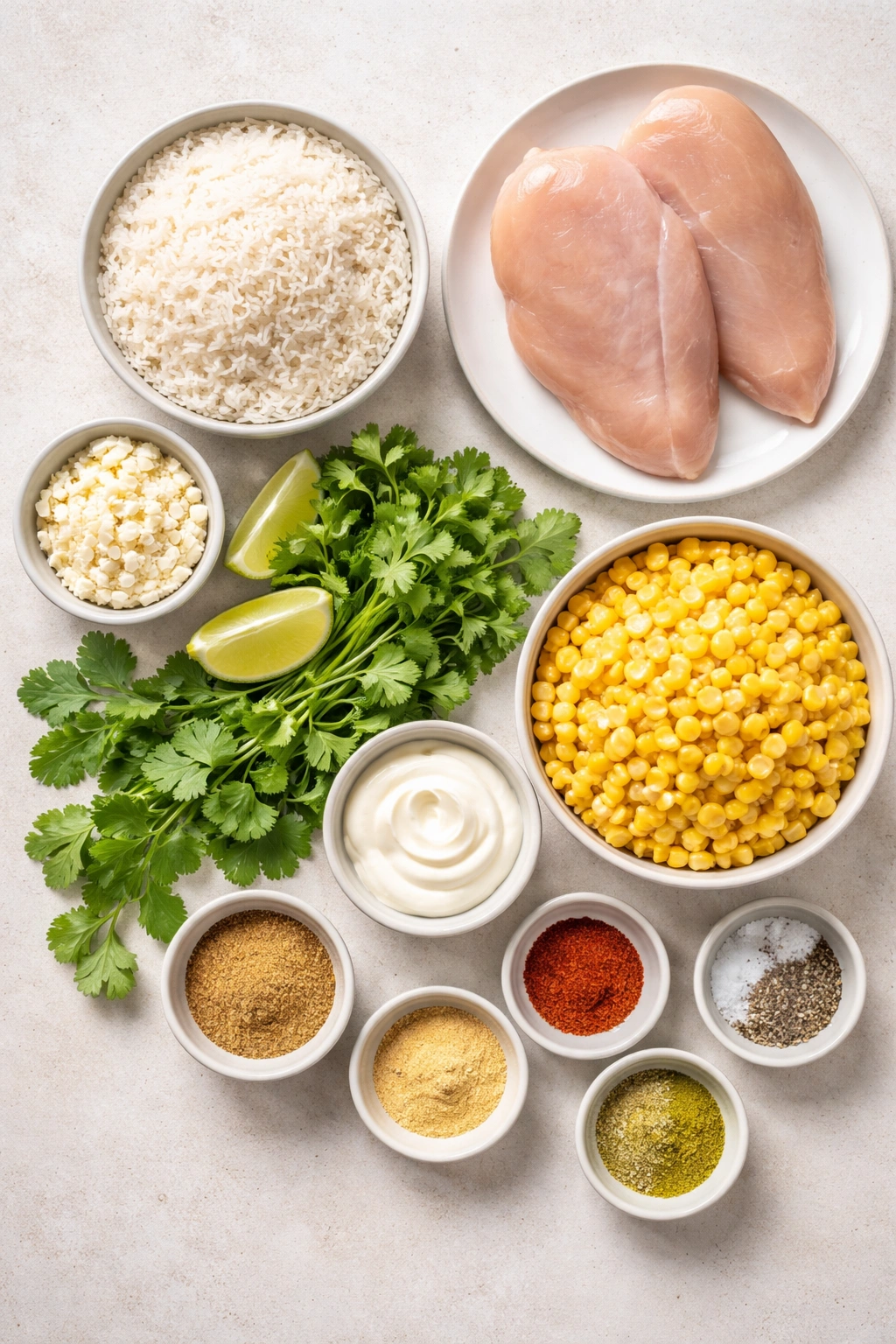Flat lay of all ingredients for cilantro lime rice and street corn chicken