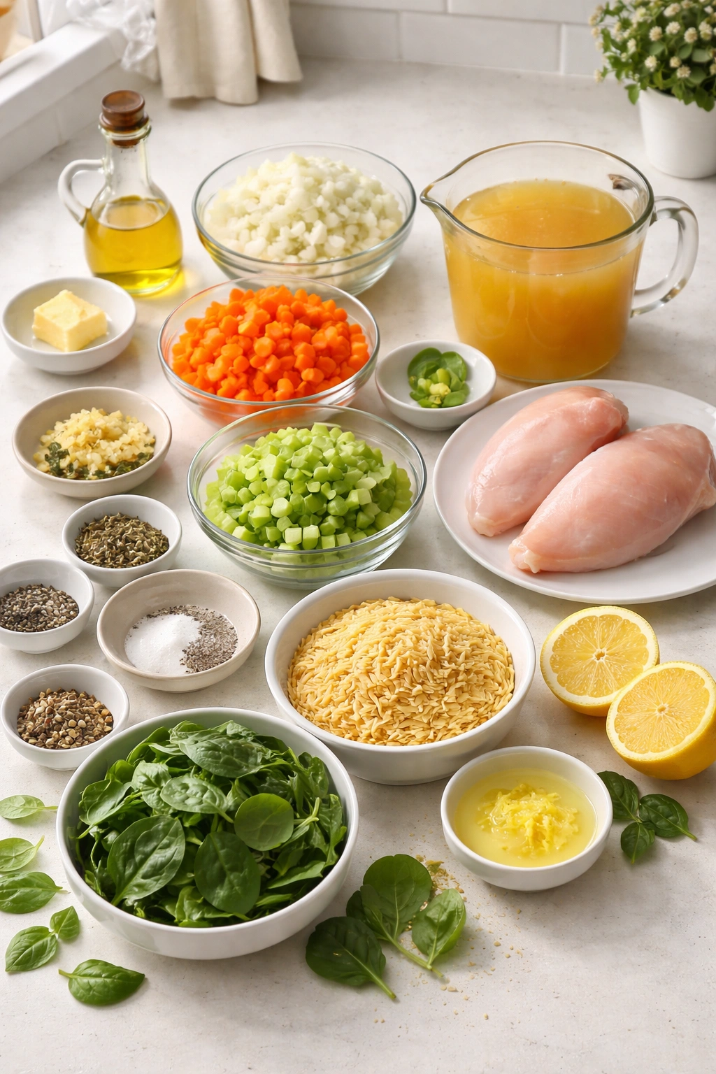 Mise en place of soup ingredients arranged on a counter