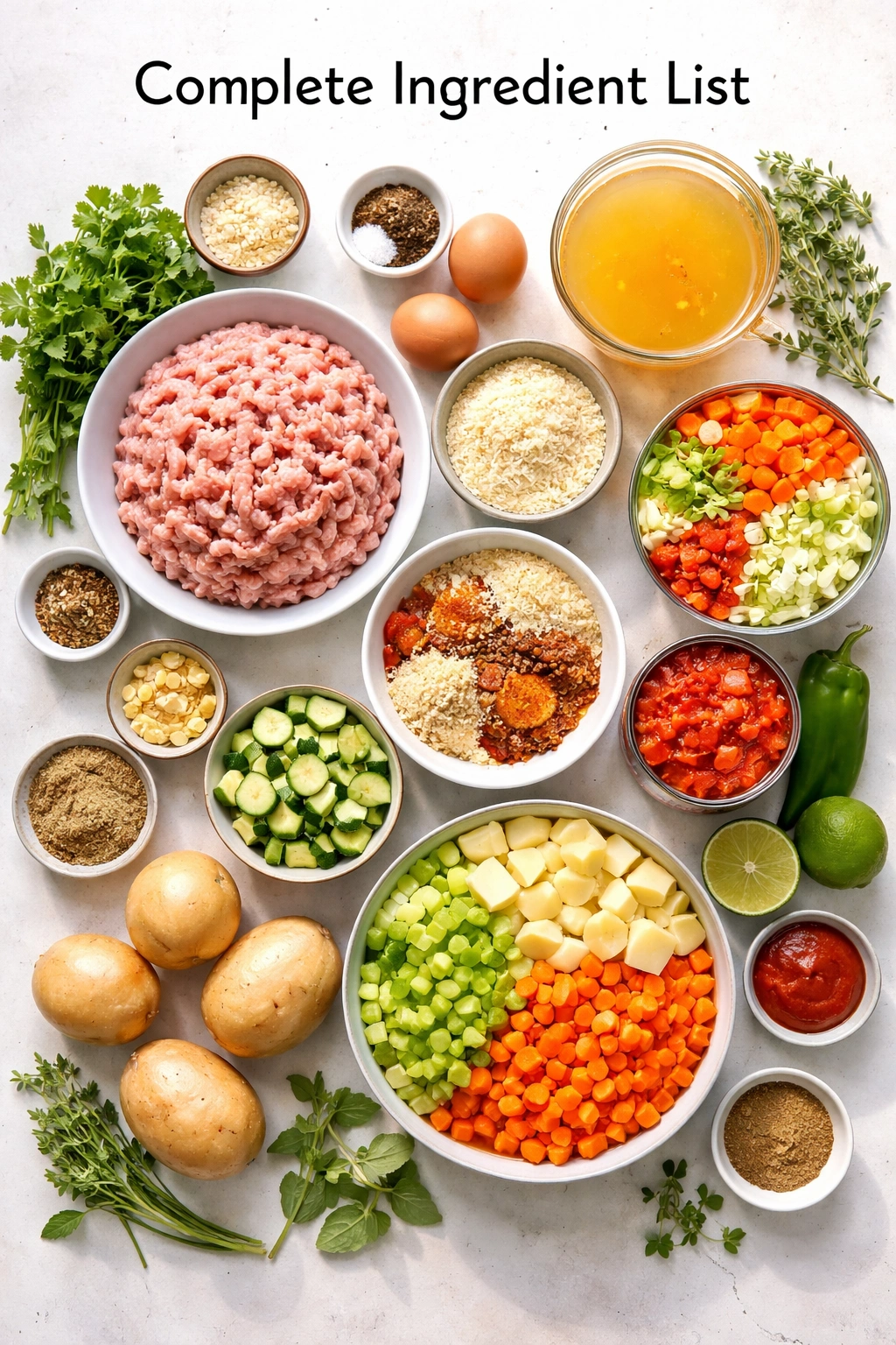 Overhead layout of ingredients for the turkey albondigas soup.