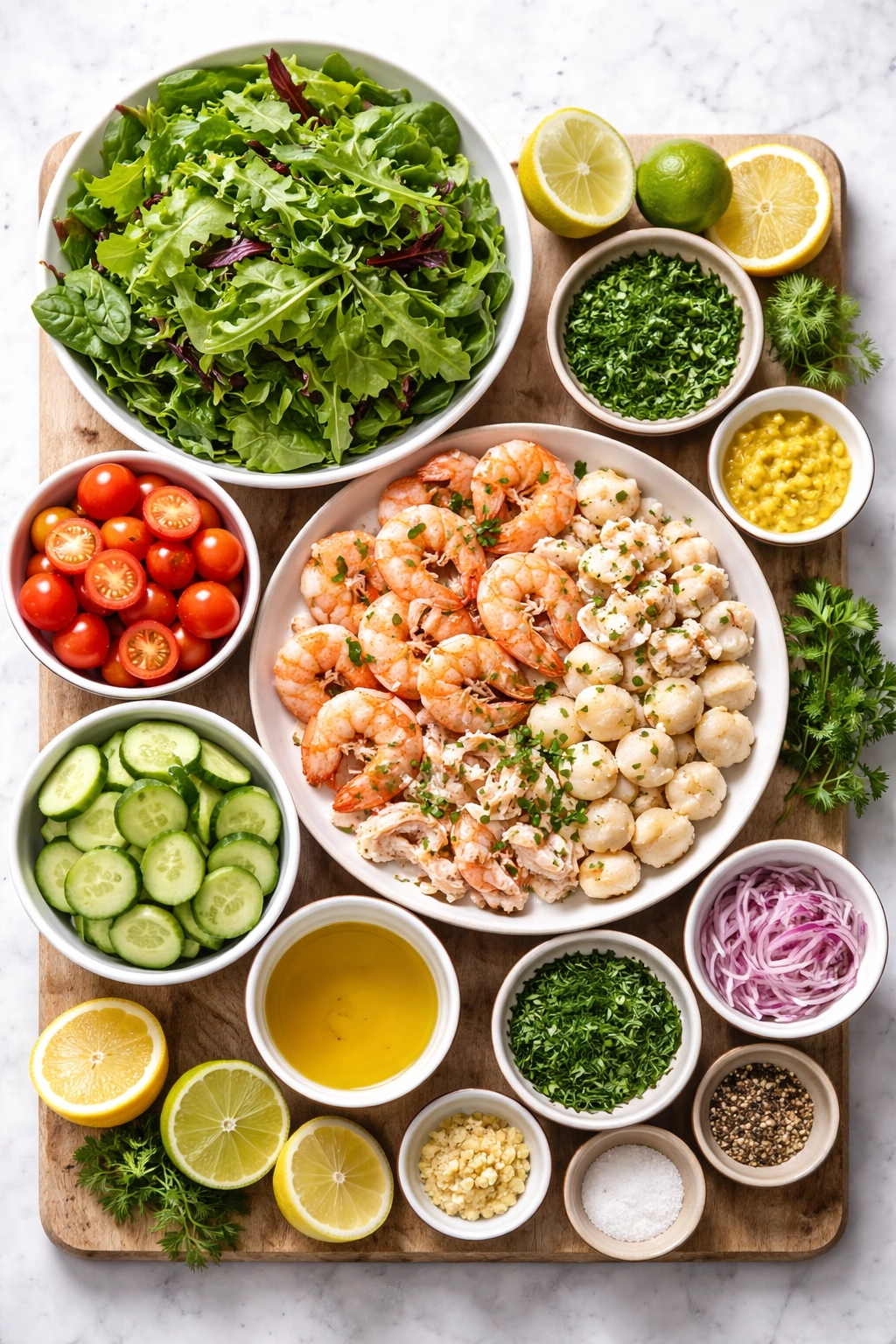 Colorful spread of greens, seafood, and vegetables for the salad ingredients.