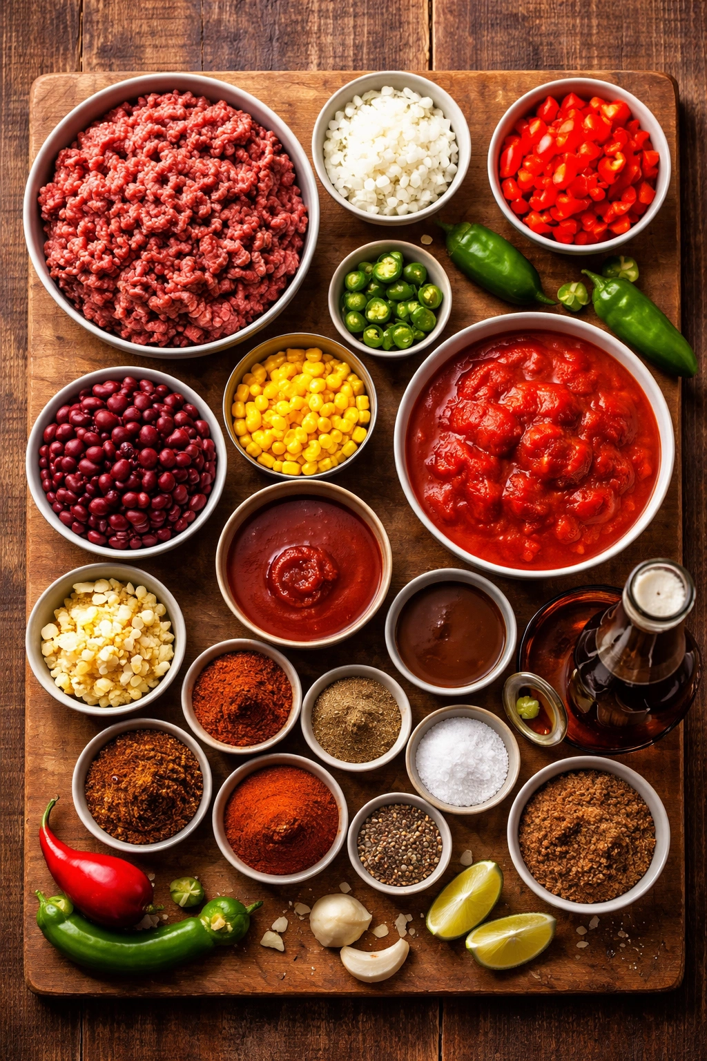 Overhead layout of chili ingredients ready for cooking