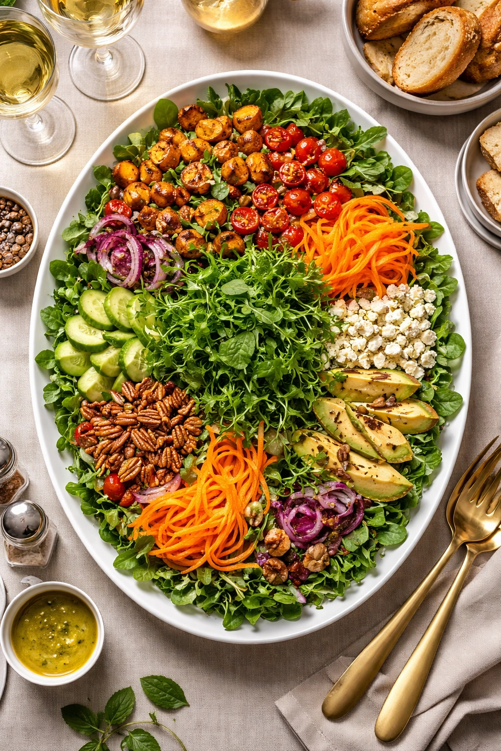 Large greens-based composed salad on a platter with sections for vegetables, nuts, cheese, and herbs.