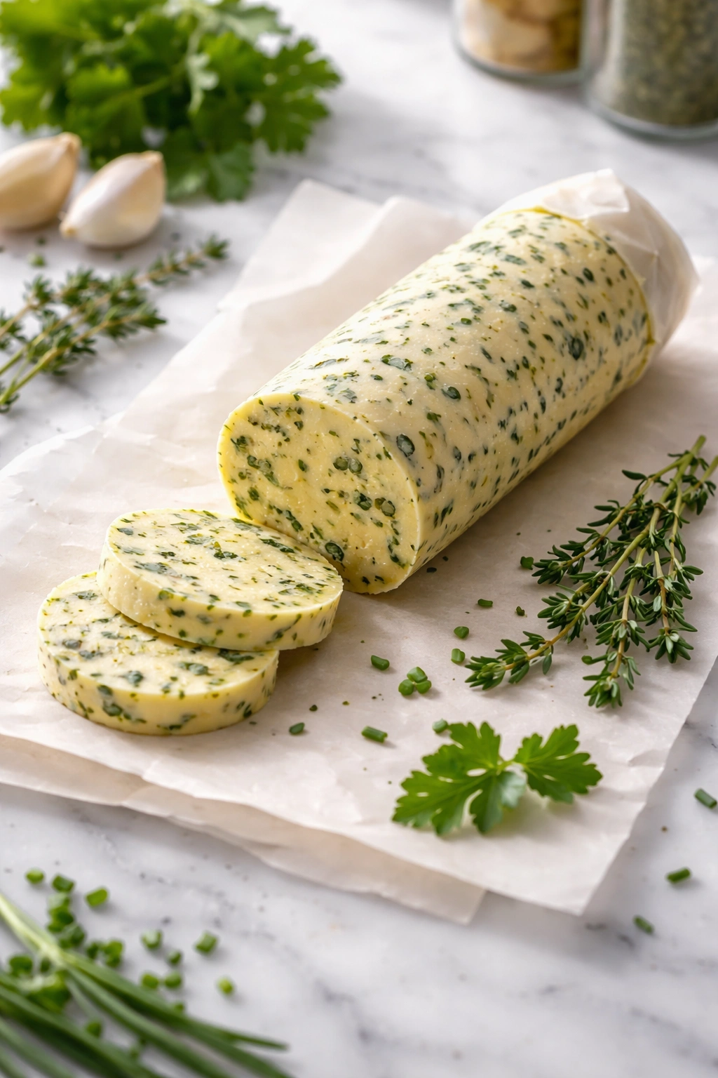 Herb and garlic butter log on parchment ready to slice