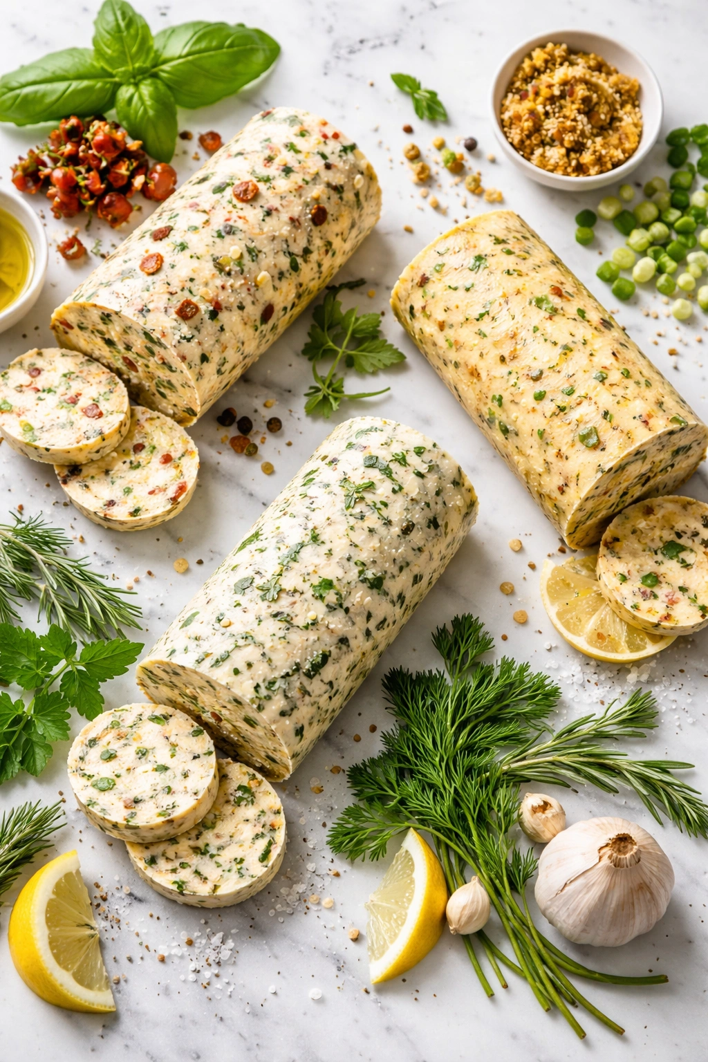 Soft compound butter with herb or miso specks on a clean surface