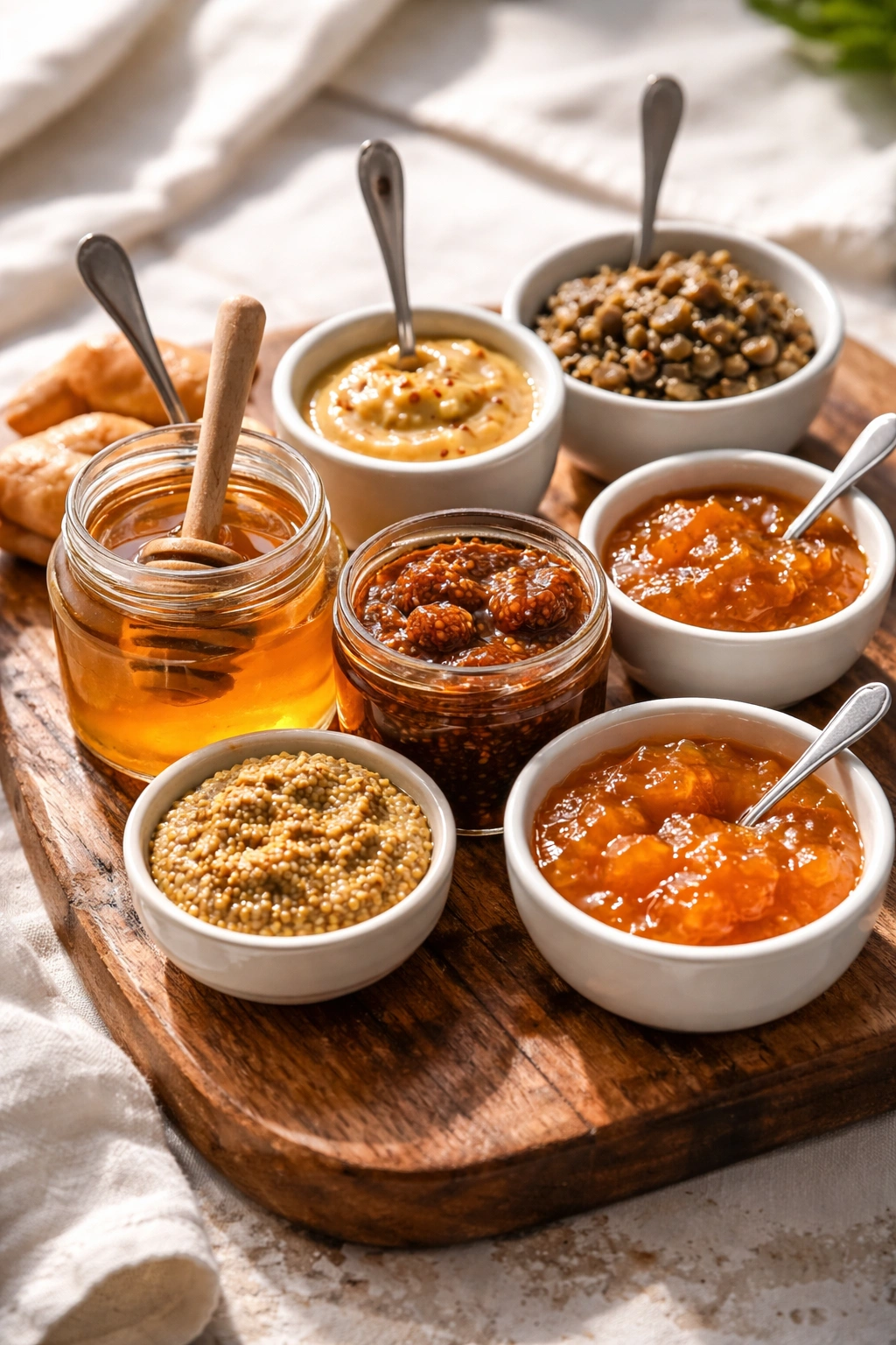 Close-up of honey, fig jam, mustard, tapenade, and marmalade jars on a wooden brunch board.