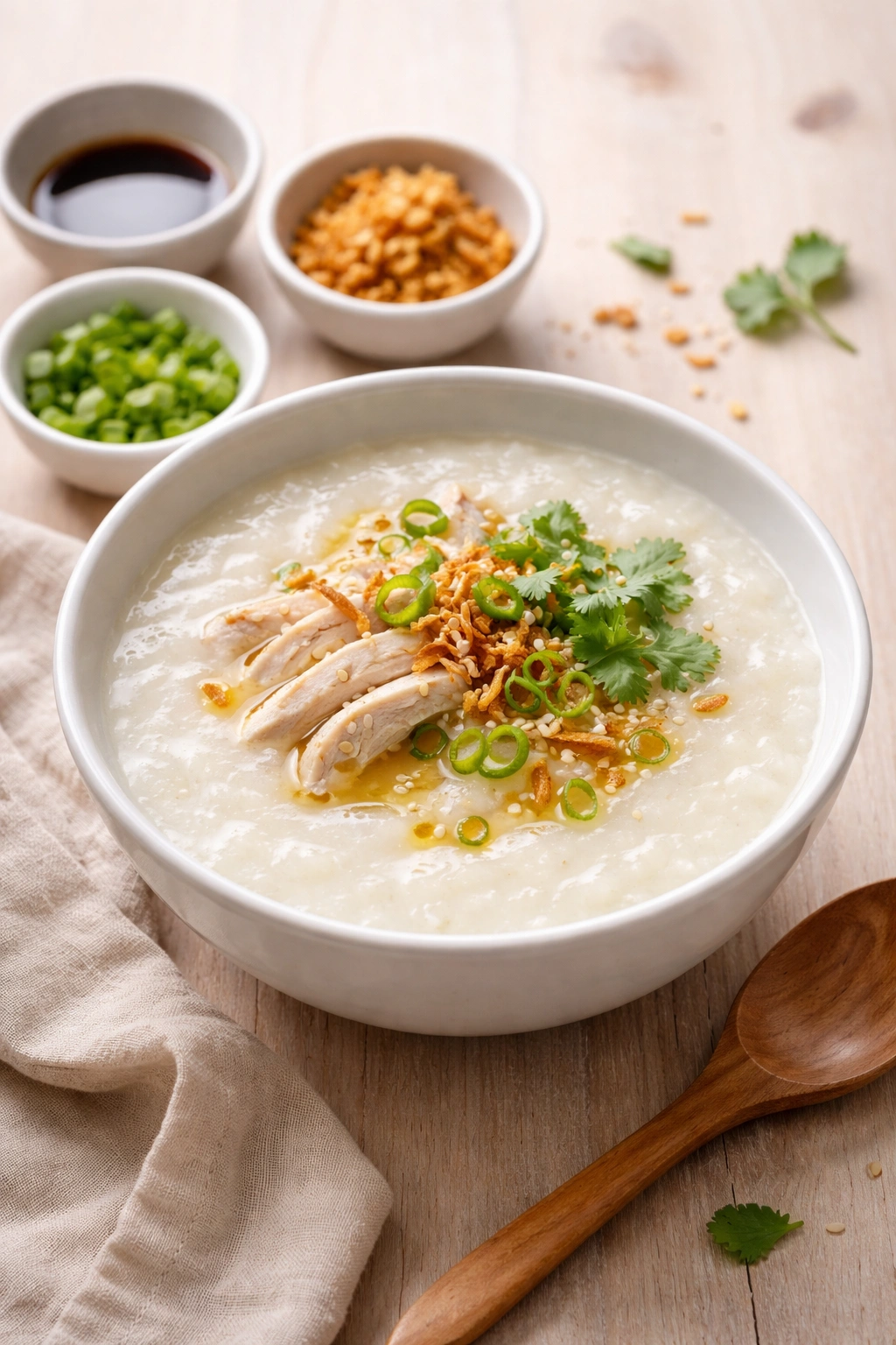 Silky congee in a white bowl on a light wood table