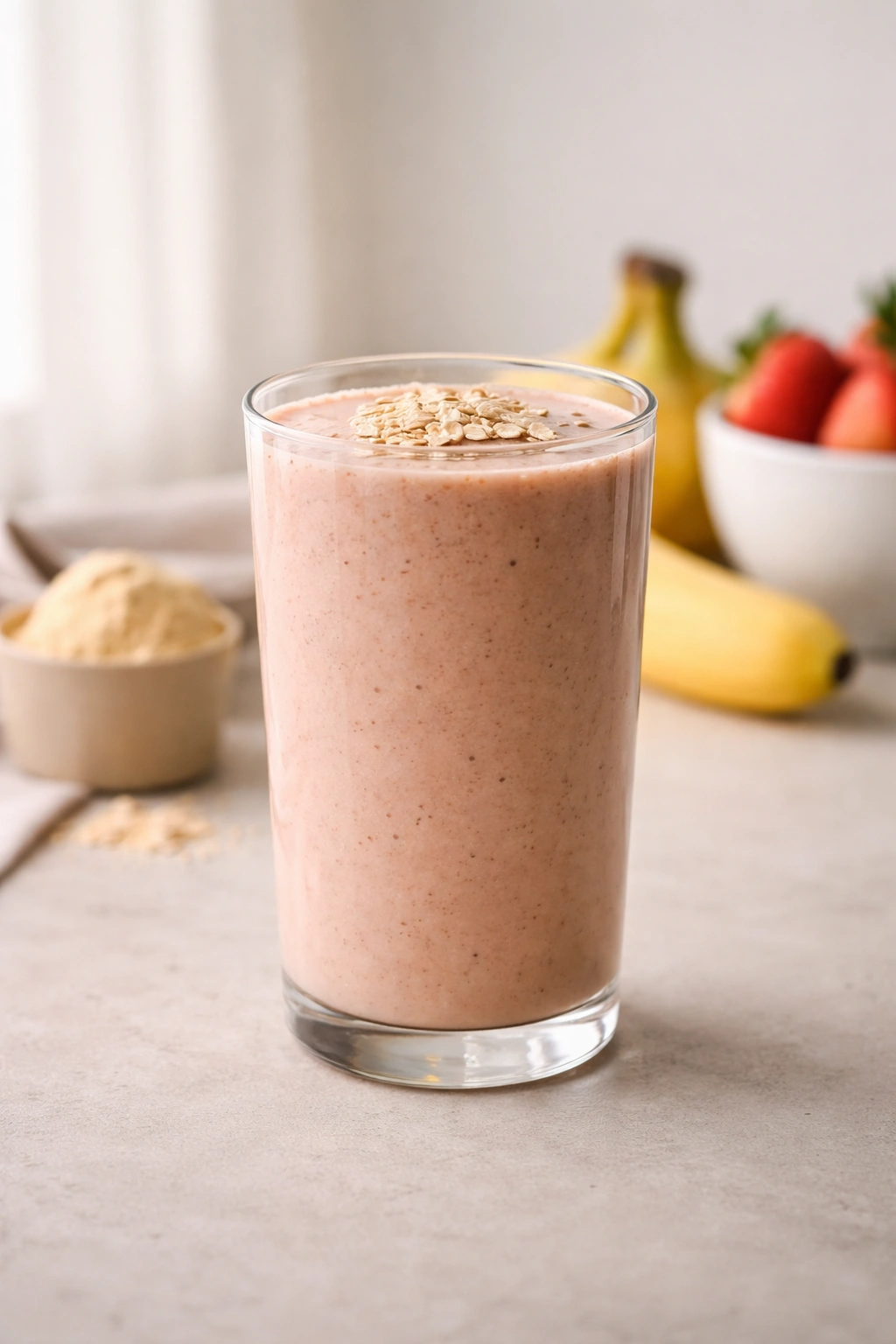 Glass of protein smoothie on a simple surface, no text