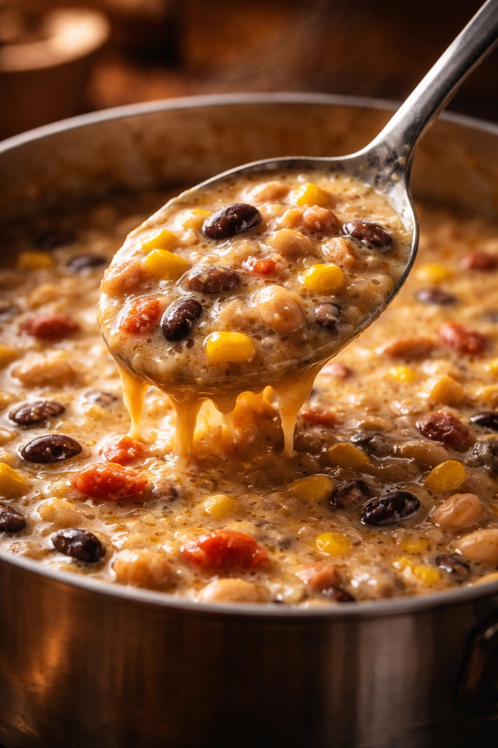 Spoon lifting thick corn and bean soup showing spoon-coating texture