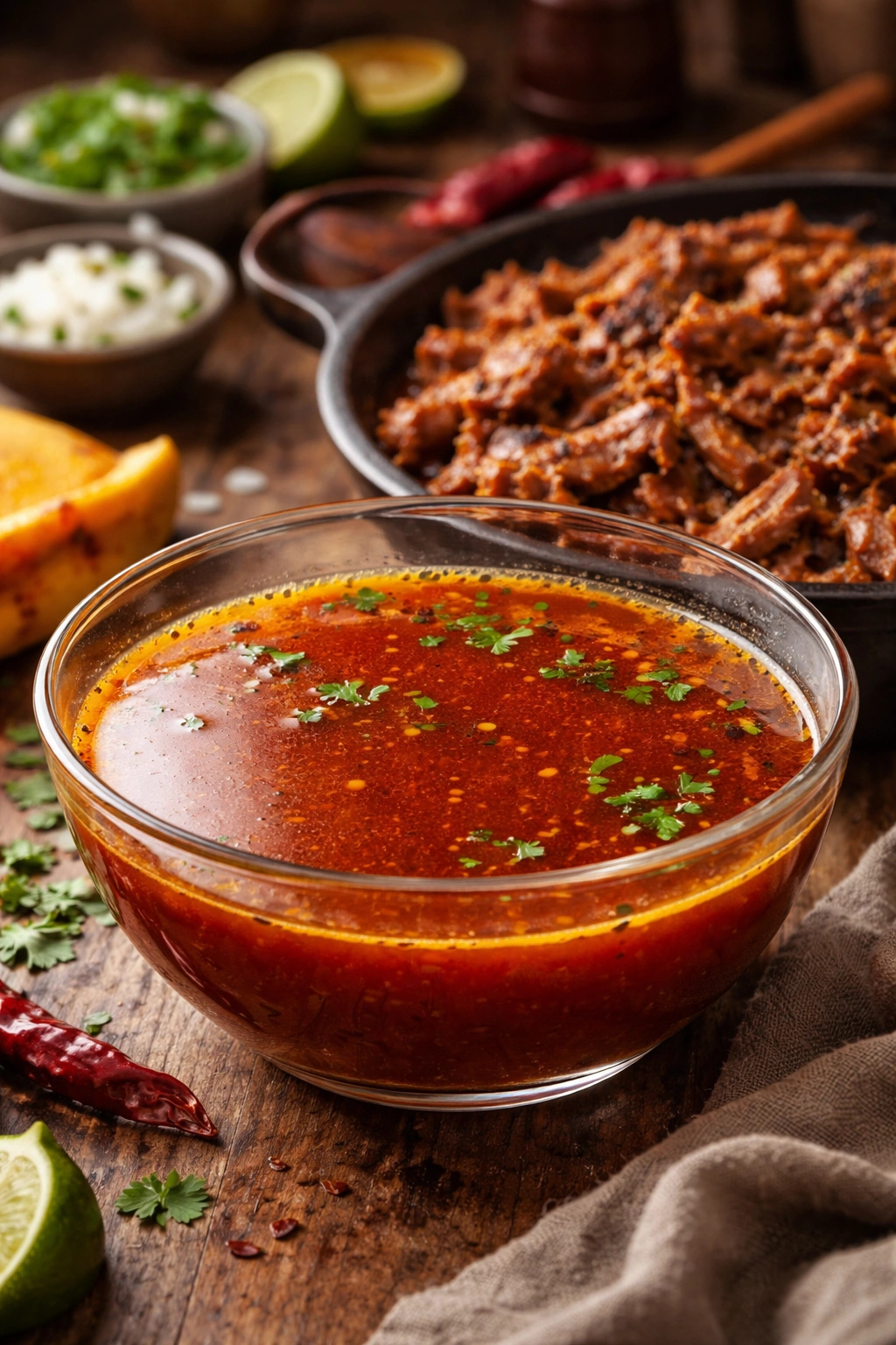 Glossy birria consomé with fat cap for dipping