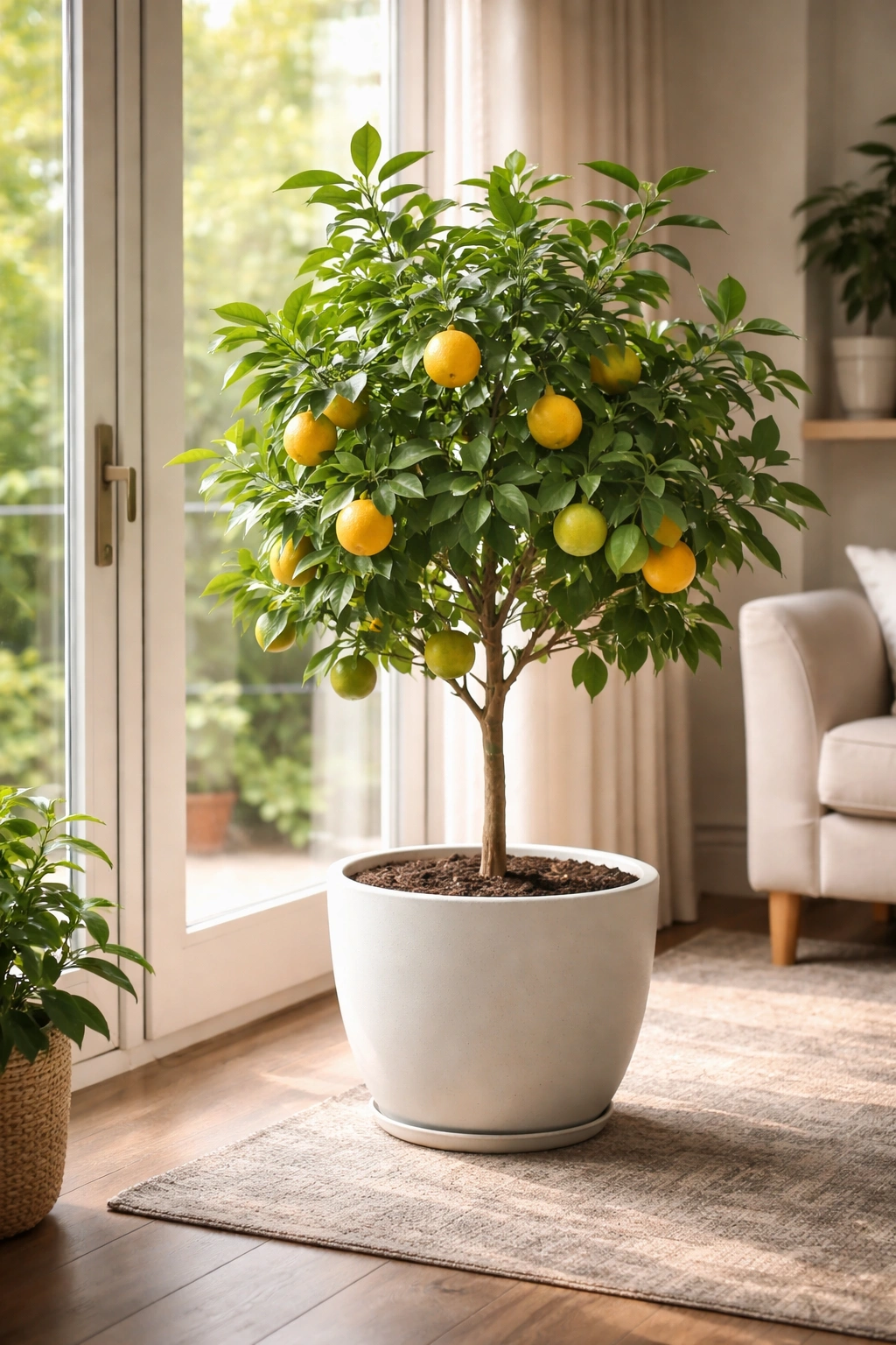 Potted citrus tree indoors near window, ready for indoor winter