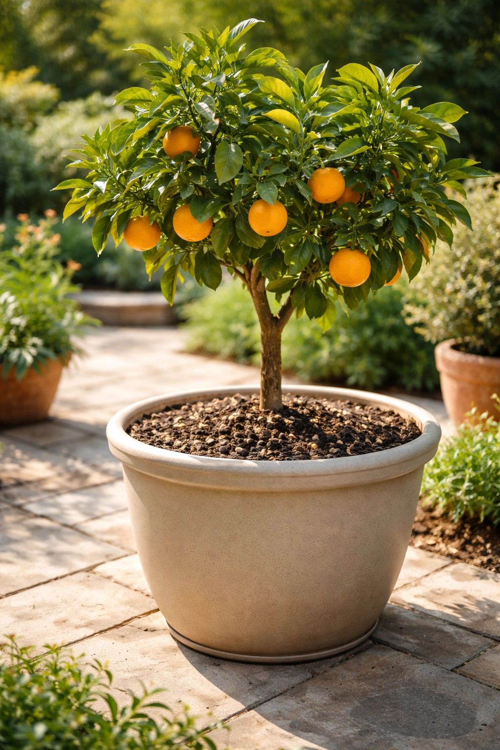 Potted citrus tree in a large well-draining container on a sunny patio