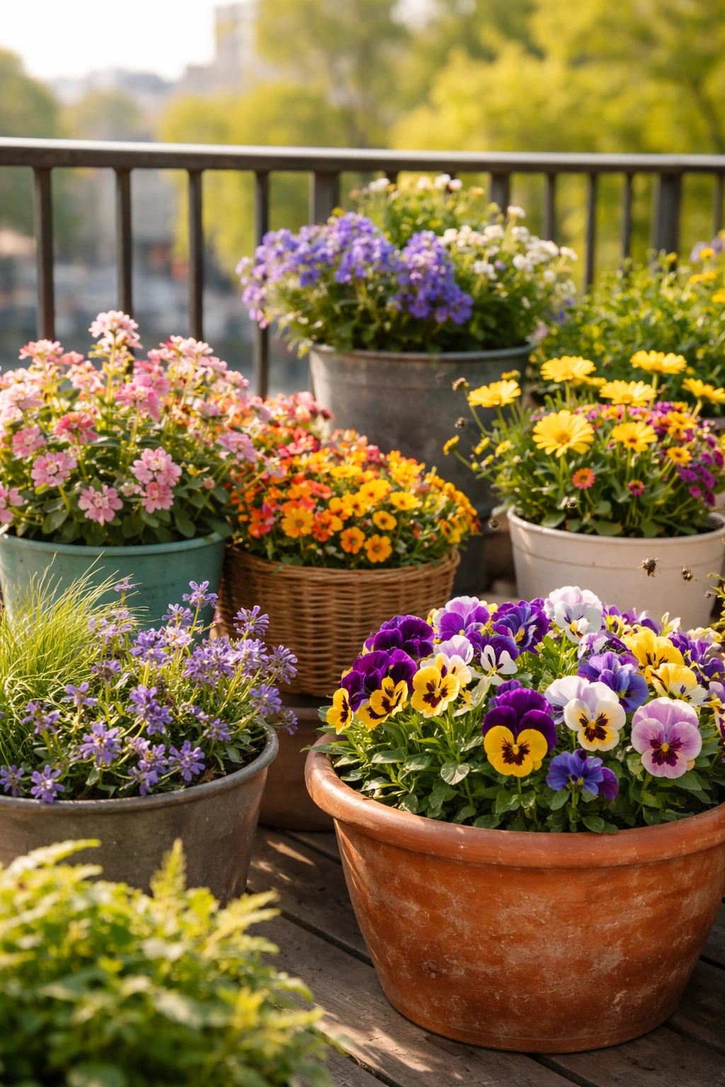 Colorful container flowers on a sunny balcony featuring pollinator-friendly blooms in pots.