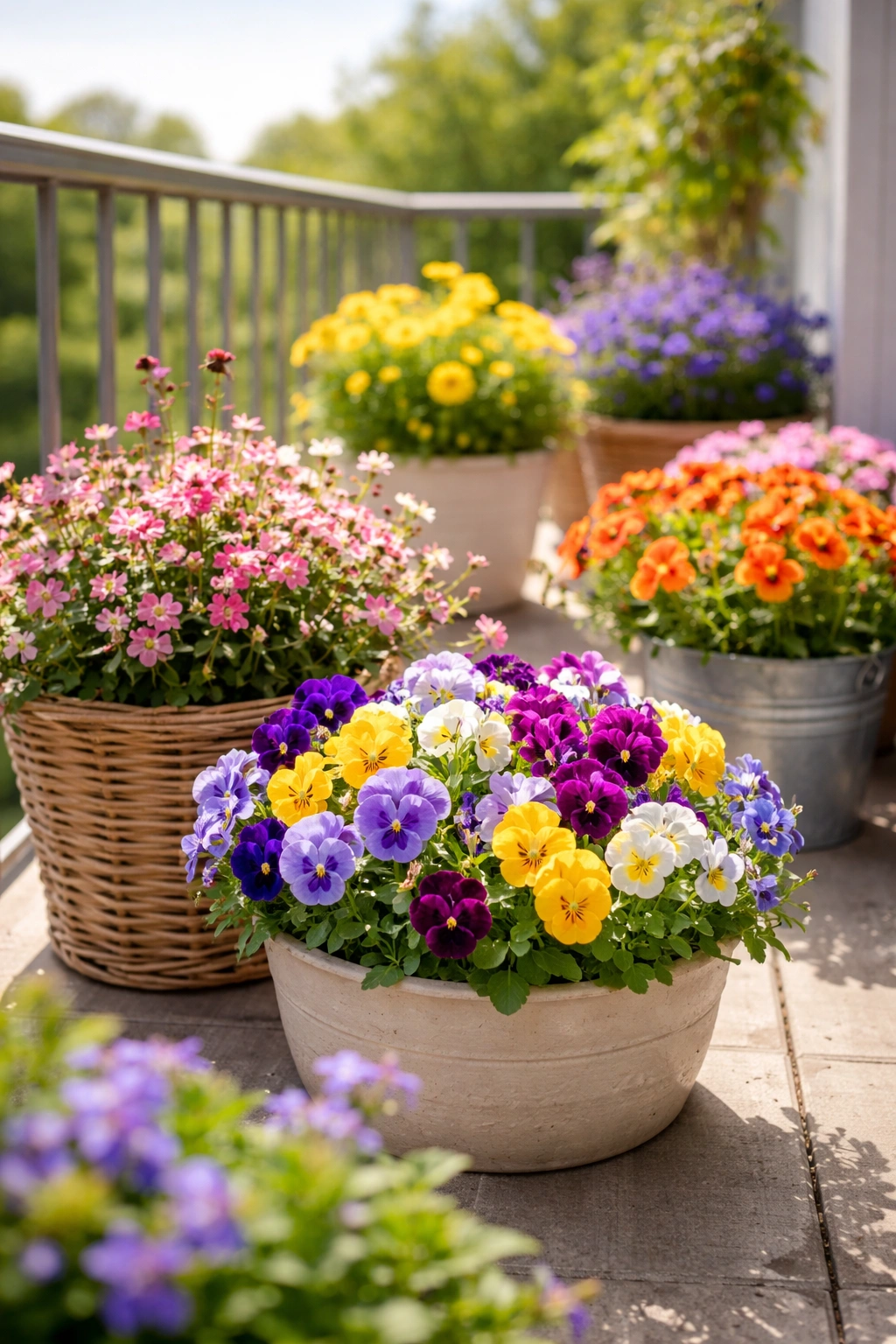 Colorful flowers in pots on a small sunlit balcony demonstrating container gardening for limited spaces