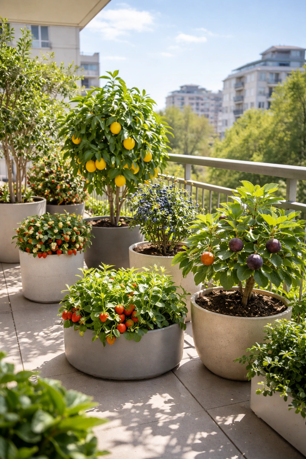 Urban balcony with multiple fruit pots illustrating portable container fruit growing.
