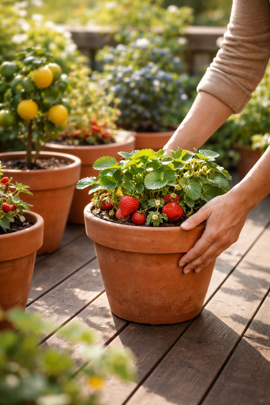 Hand moving a fruit container on a sunlit deck illustrating portability